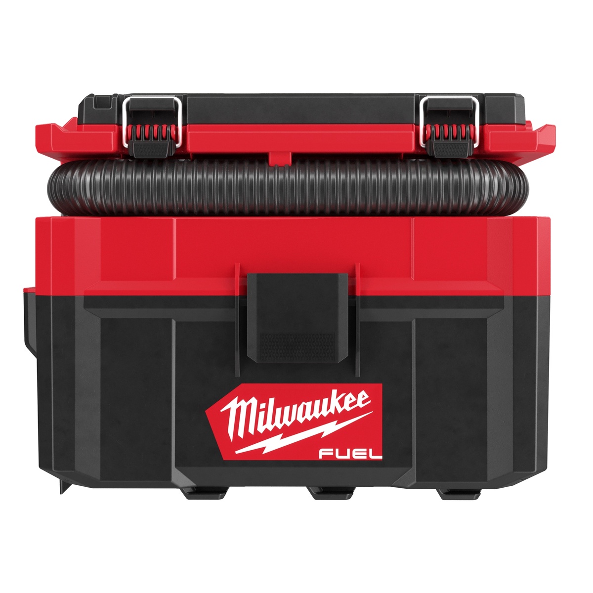 Milwaukee 0970-20 M18 FUEL PACKOUT 2.5 Gallon Wet/Dry Vacuum front view showing hose storage and compact box-style body for portable wet and dry cleanup on the jobsite