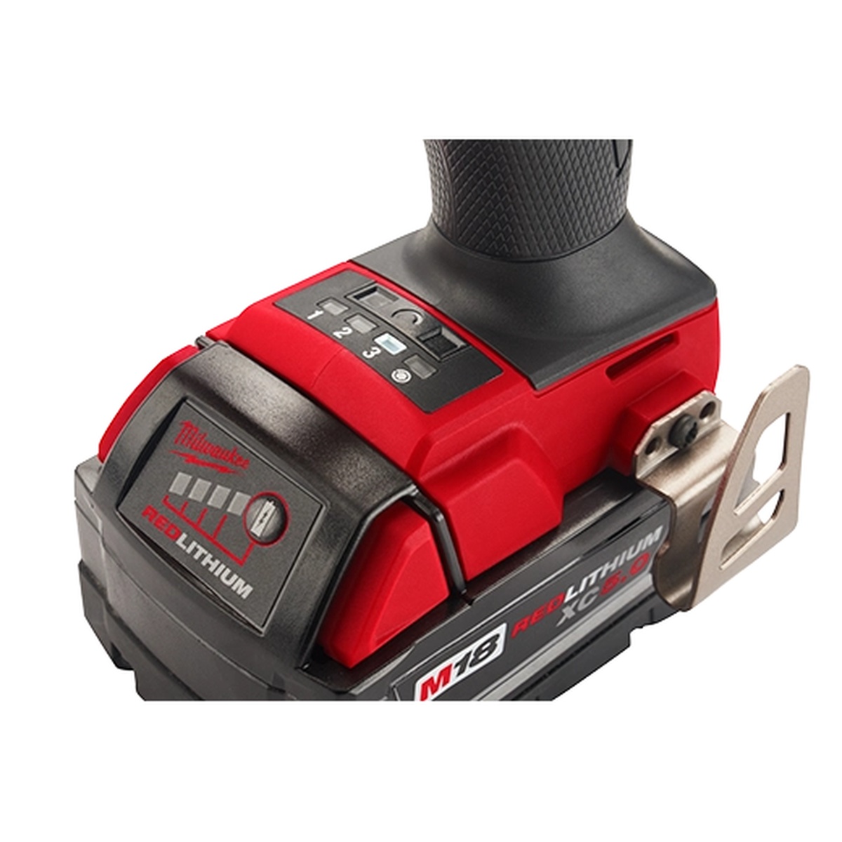 Milwaukee 2962P-20 M18 FUEL 1/2 inch mid-torque impact wrench handle controls and M18 battery interface for mode selection on fastening jobs