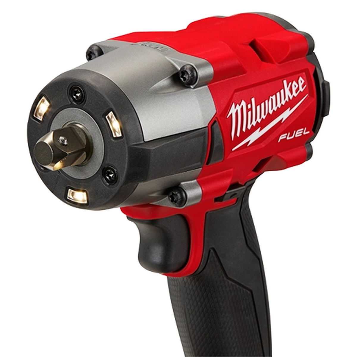 Milwaukee 2962P-20 M18 FUEL 1/2 inch mid-torque impact wrench close-up showing tri-LED lights around the anvil for fastening in low-light service work
