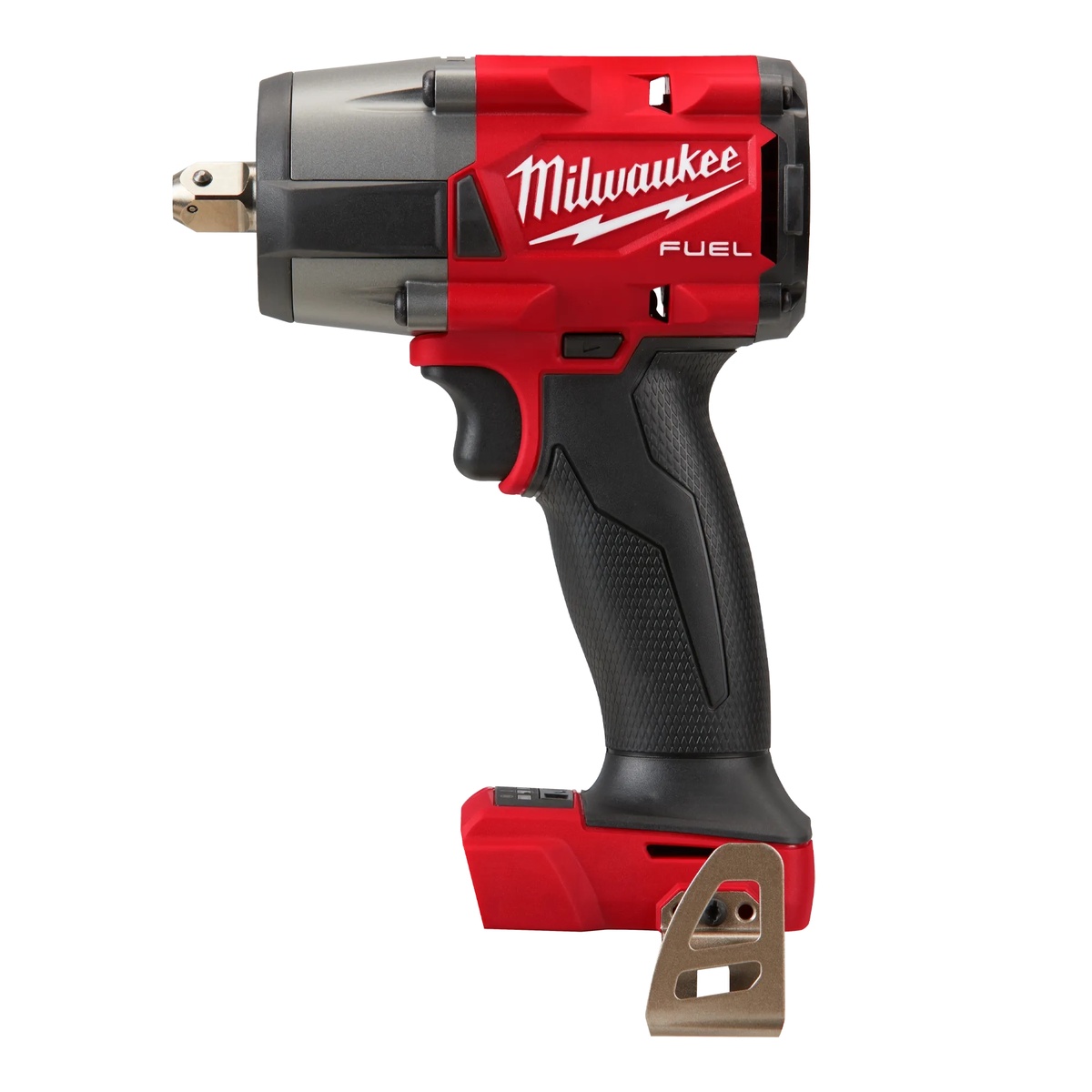 Milwaukee 2962P-20 M18 FUEL 1/2 inch mid-torque impact wrench bare tool side profile showing compact housing for automotive and maintenance fastening work