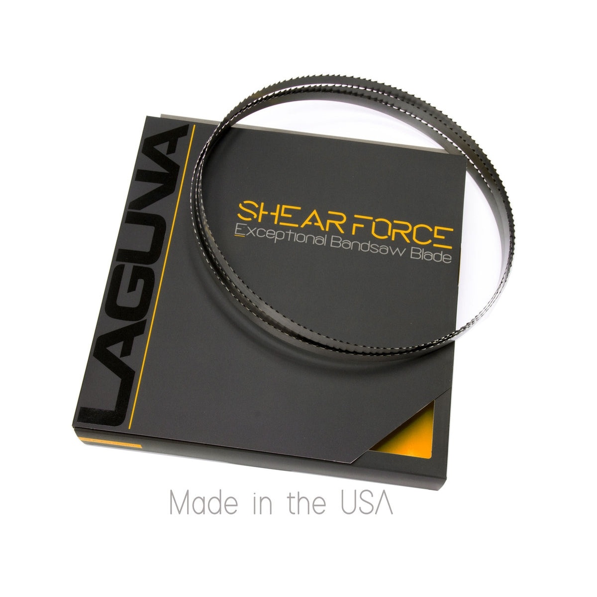 Laguna Shearforce BBSF-1-34-150 band saw blade shown as a coiled replacement blade on packaging for woodworking resaw applications in a shop setting