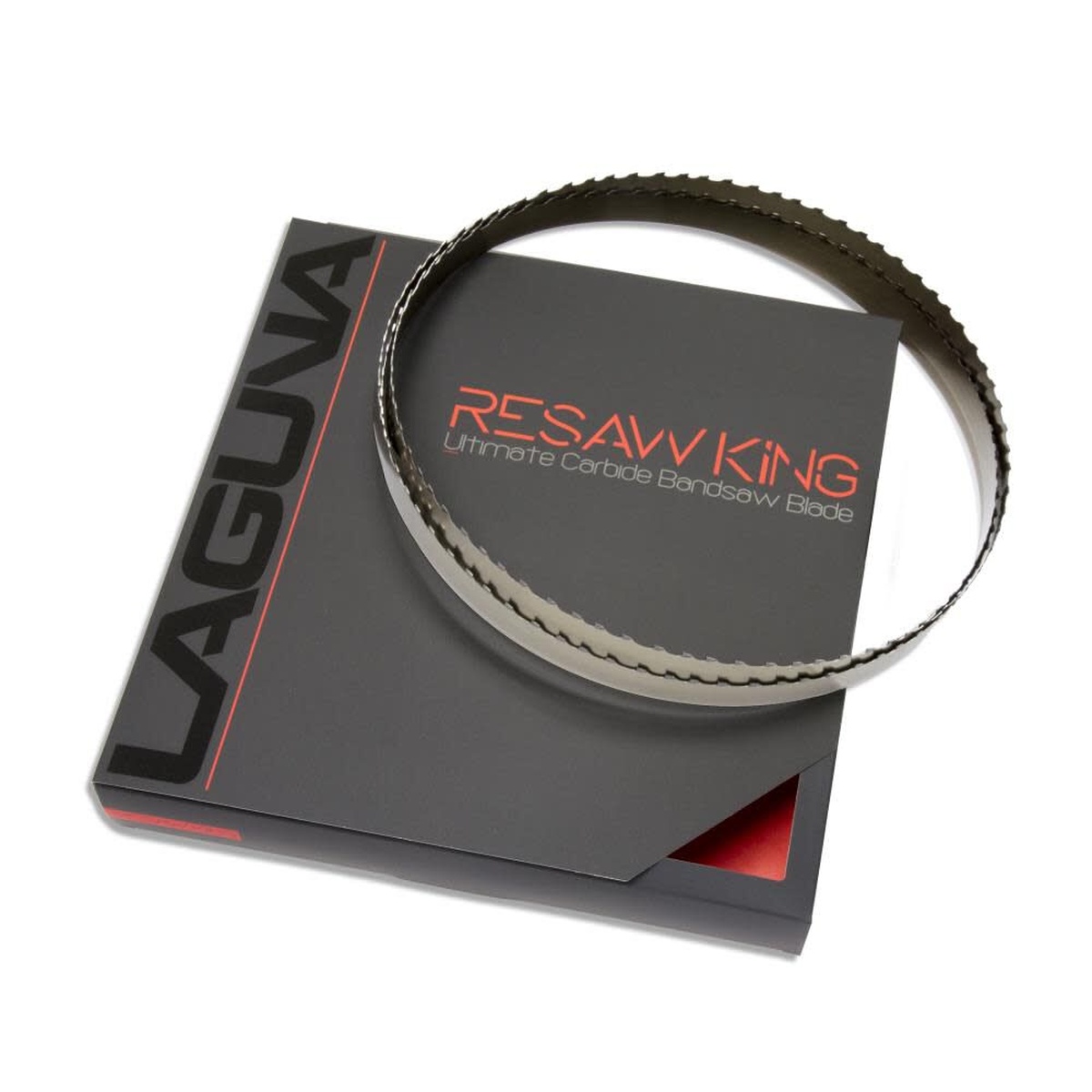 Laguna ResawKing BBRK-1-150 Carbide Tipped 1 x 2-3 Variable TPI x 150 in Band Saw Blade coiled for storage on product packaging, shown as a woodworking resaw blade for cutting hardwood and veneer stock in the shop