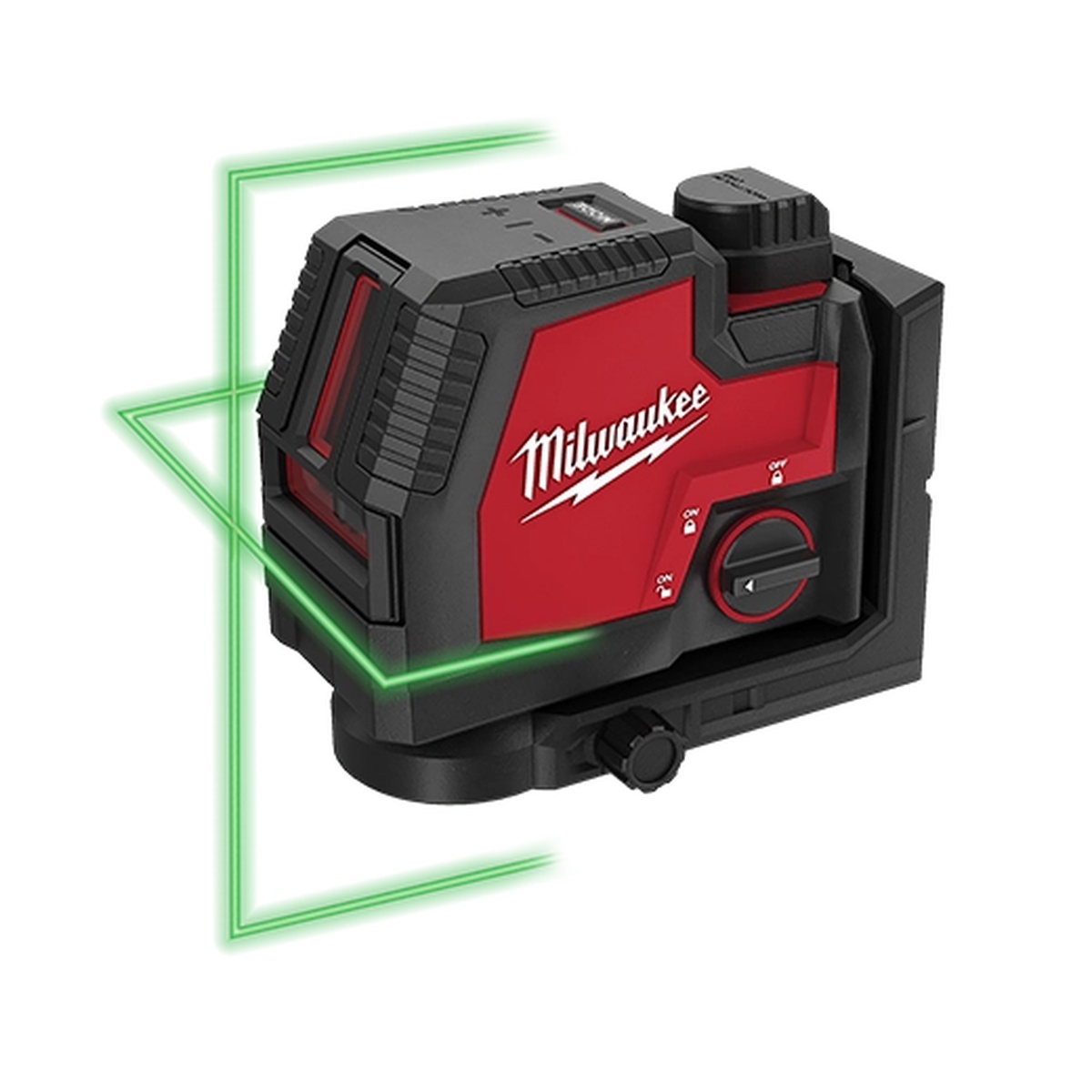 Milwaukee 3521-21 USB Rechargeable Green Cross Line Laser product view showing compact body, green cross line projection, and REDLITHIUM USB battery-powered design