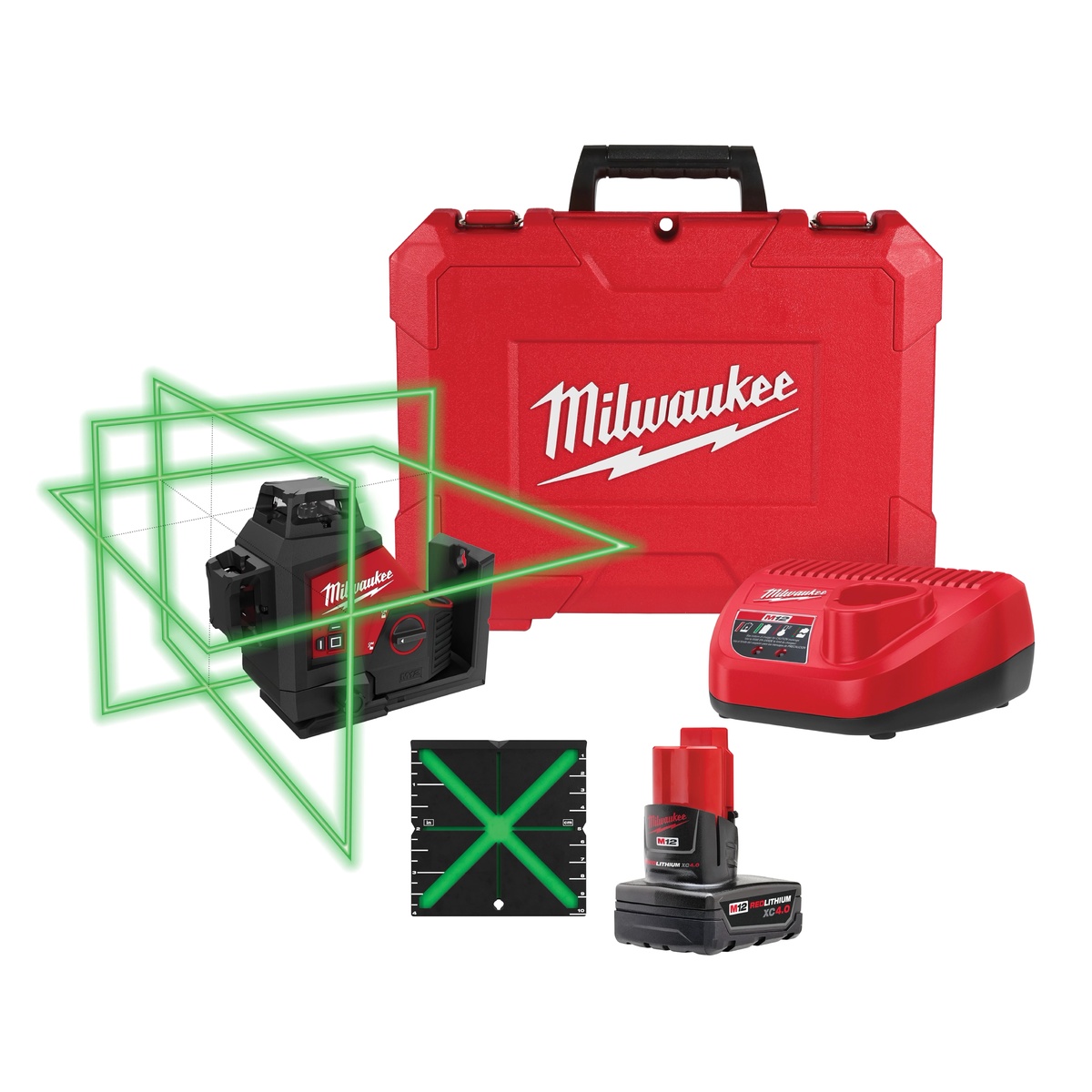 Milwaukee 3632-21 M12 Green 360 3-Plane Laser Kit with carrying case charger battery and target on a clean background for jobsite transport and storage
