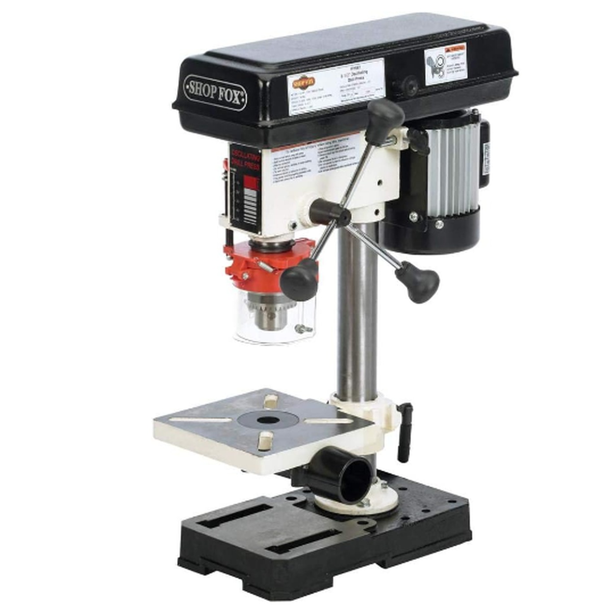 Shop Fox W1667 1/2 HP 8-Inch 5 Speed Oscillating Drill Press shown as a benchtop drill press in a white-background product view, highlighting the chuck, table, and dust port for small shop drilling and contour sanding work