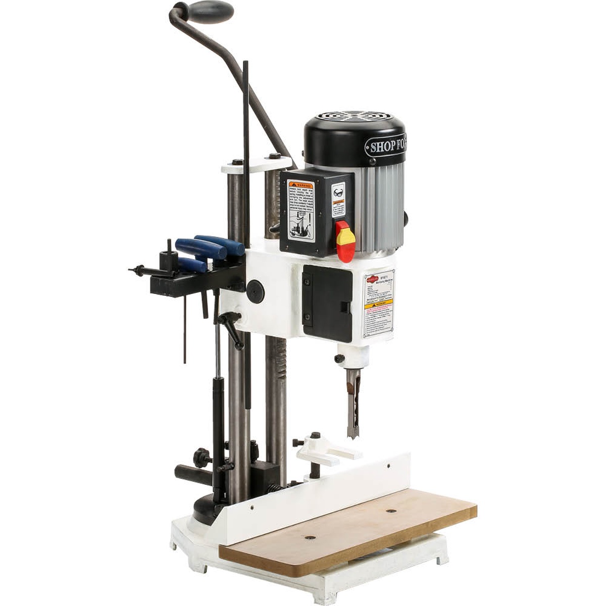 Shop Fox W1671 Mortising Machine angled view highlighting the long handle, tool holder, and mortising chisel installed for woodworking setup