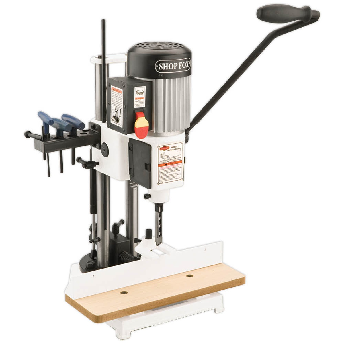 Shop Fox W1671 Mortising Machine full product view showing cast iron body, long operating handle, fence, and bench base for woodworking use