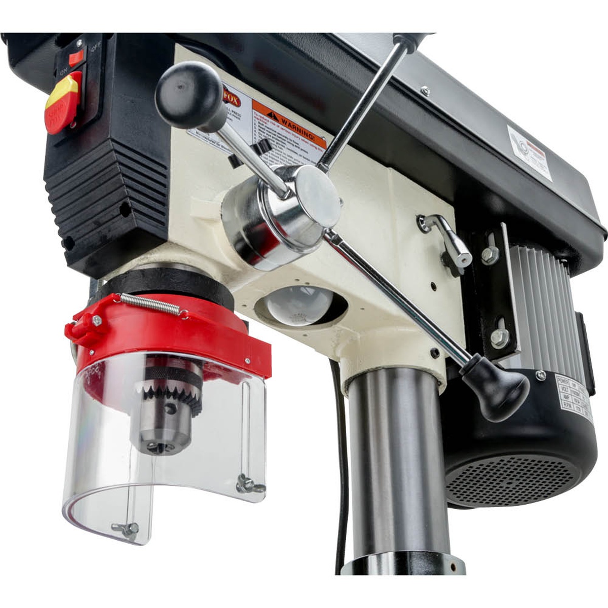 Shop Fox W1680 1 HP 17-Inch Floor Model Drill Press head and chuck area showing the control handles, built-in light, and keyed chuck for drilling wood or mild steel in a shop setting