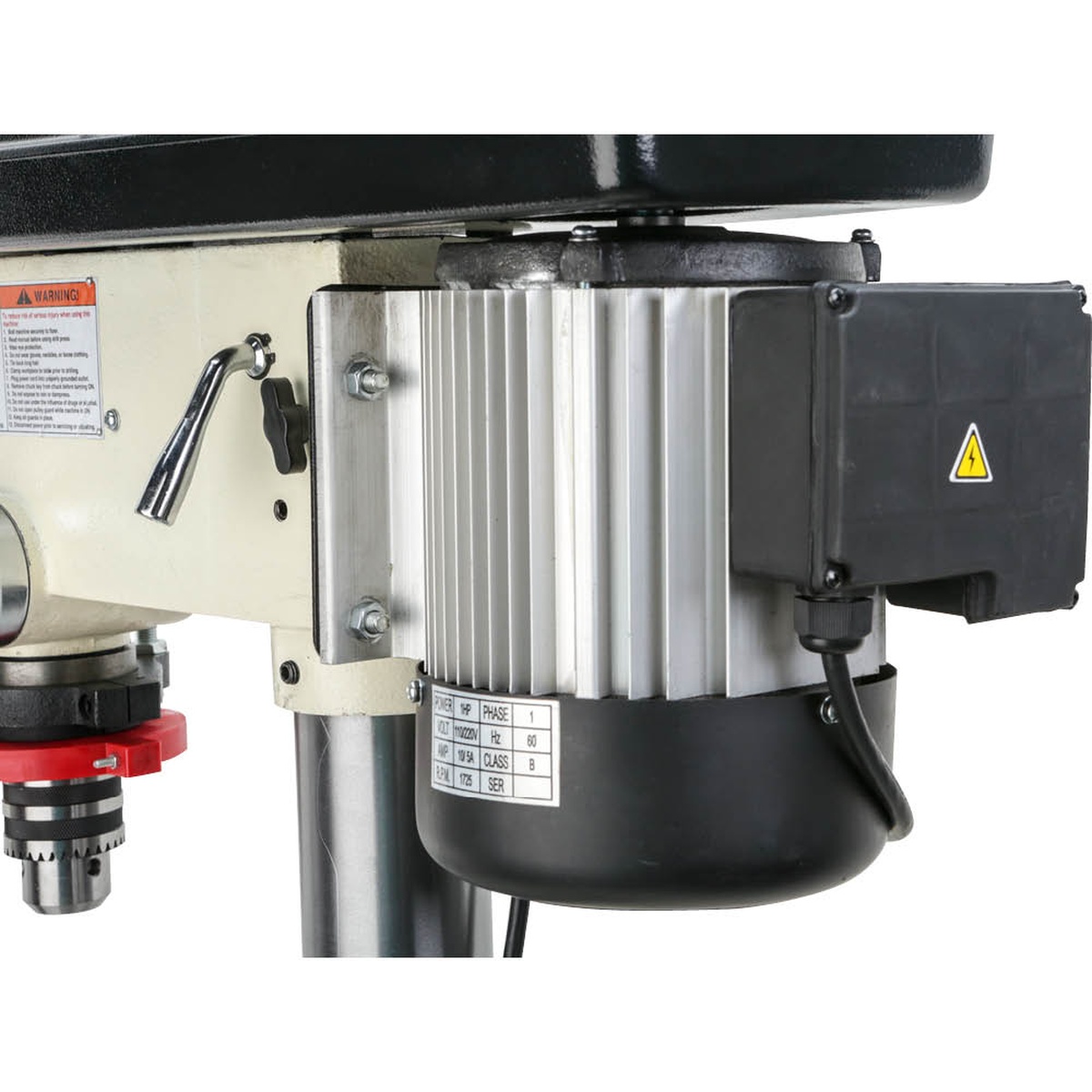 Shop Fox W1680 1 HP 17-Inch Floor Model Drill Press motor and head assembly showing the finned motor housing for stationary drilling tasks in a cabinet shop or small machine shop