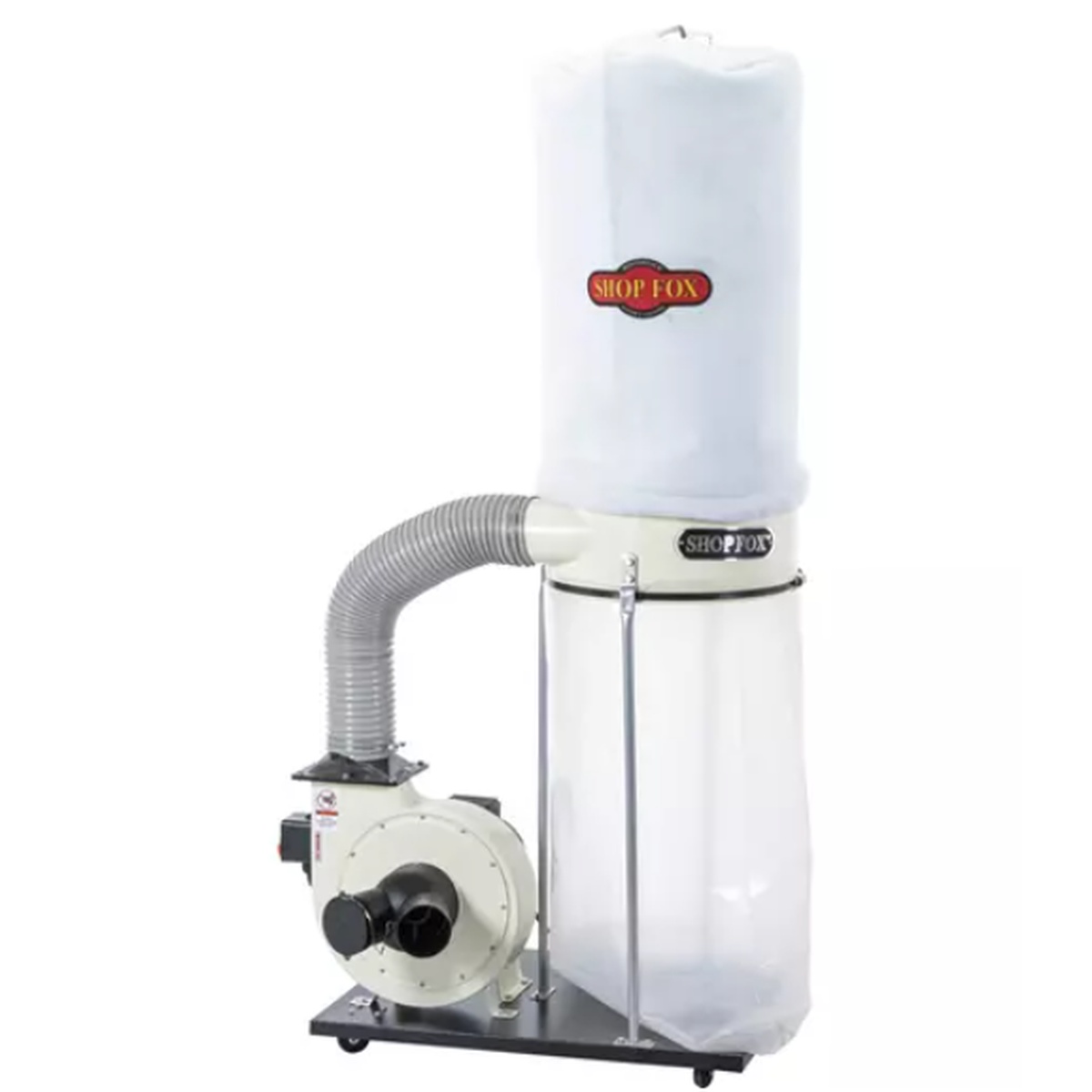 Shop Fox W1685 1.5 HP Dust Collector shown as a portable woodworking dust collection system with upper filter bag, lower collection bag, hose, and wheeled base for shop use