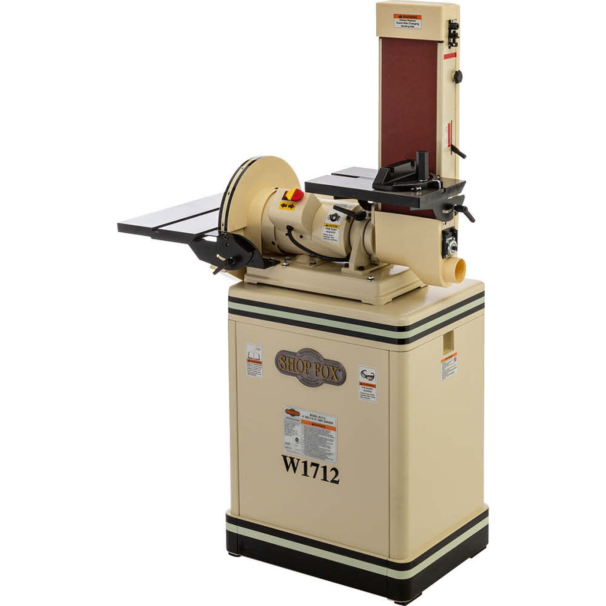 Shop Fox W1712 1-1/2 HP 6 in. belt 12 in. disc combination sander with the sanding belt in upright position for edge sanding and vertical shop use