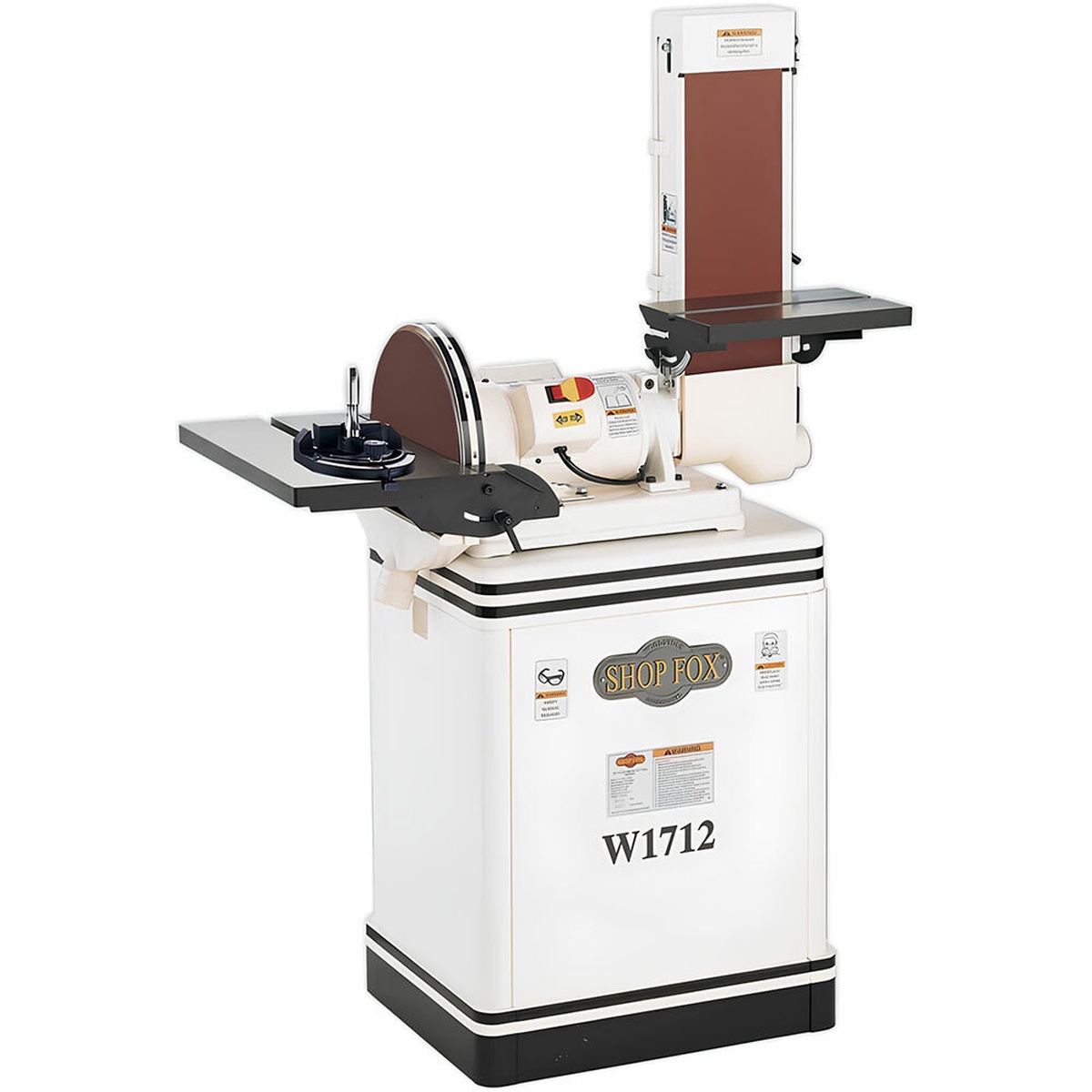 Shop Fox W1712 1-1/2 HP 6 in. belt 12 in. disc combination sander shown as a full stationary shop machine with cabinet base, cast-iron tables, and miter gauge for woodworking sanding tasks