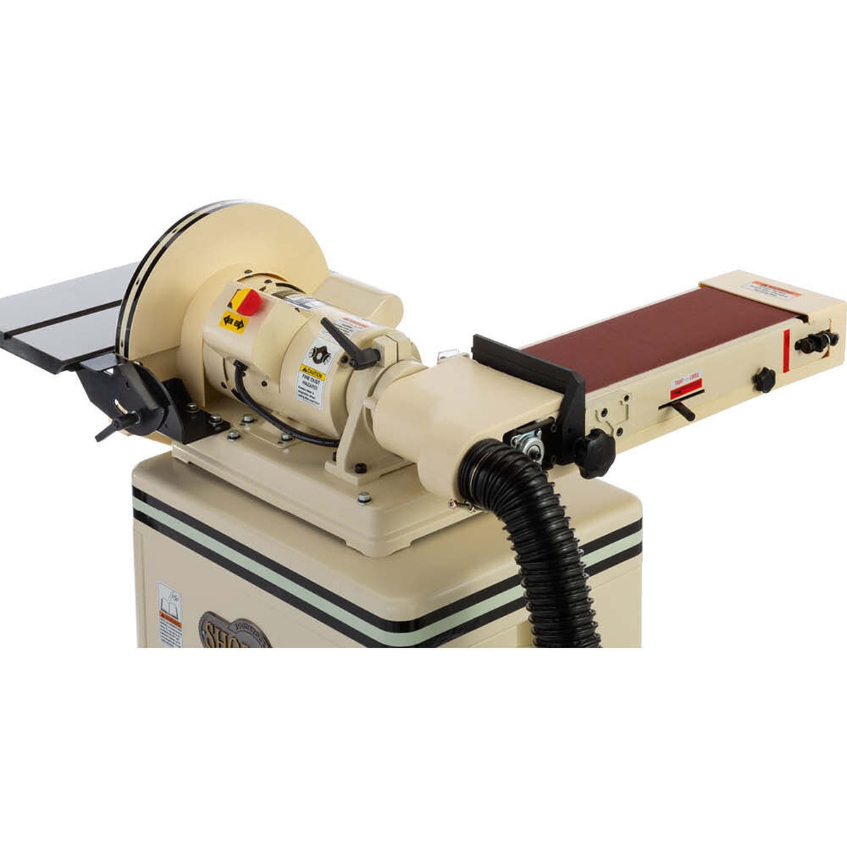 Shop Fox W1712 1-1/2 HP 6 in. belt 12 in. disc combination sander detail showing dust collection hose connection and drive area for cleaner woodworking shop sanding