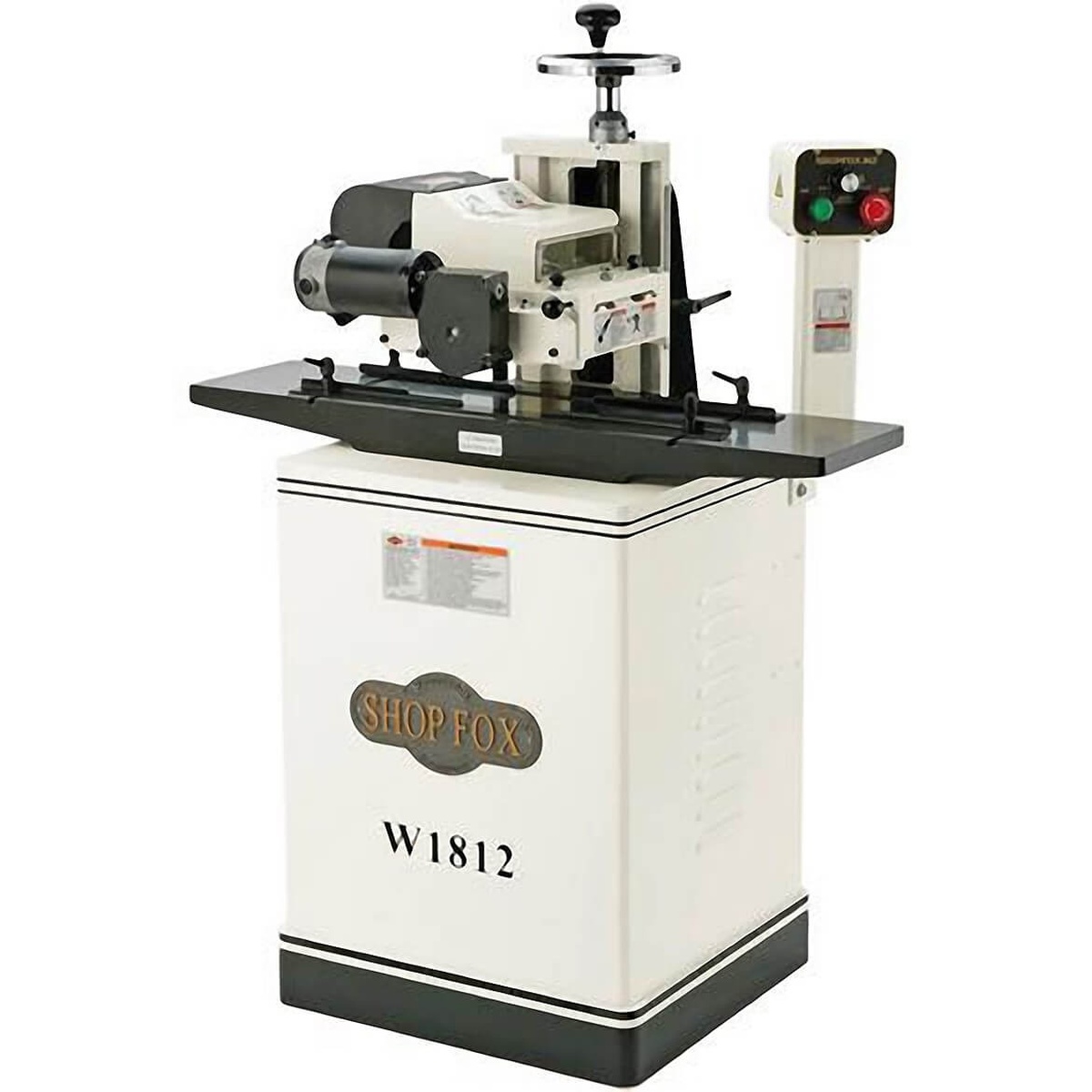 Front view of the Shop Fox W1812 7-Inch Planer / Moulder with Stand showing enclosed stand, control pedestal, and cast iron work surface
