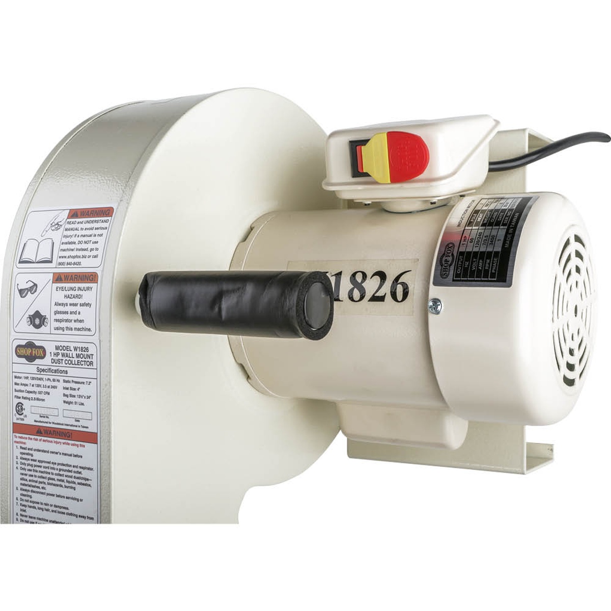 Shop Fox W1826 Wall Dust Collector side view showing intake port and motor assembly for direct hose connection in a woodworking shop
