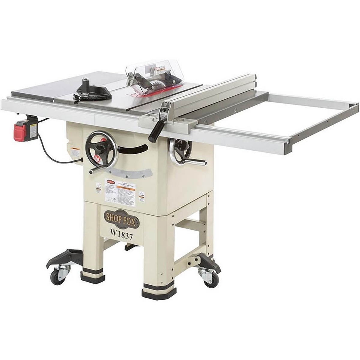 Shop Fox W1837 2 HP 10-Inch Hybrid Open Stand Table Saw shown fully assembled with rip fence, extension table, and blade guard in a woodworking shop setup
