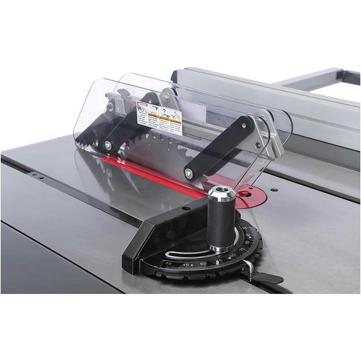 Shop Fox W1837 2 HP 10-Inch Hybrid Open Stand Table Saw blade guard and T-slot miter gauge on the cast-iron table during woodworking setup