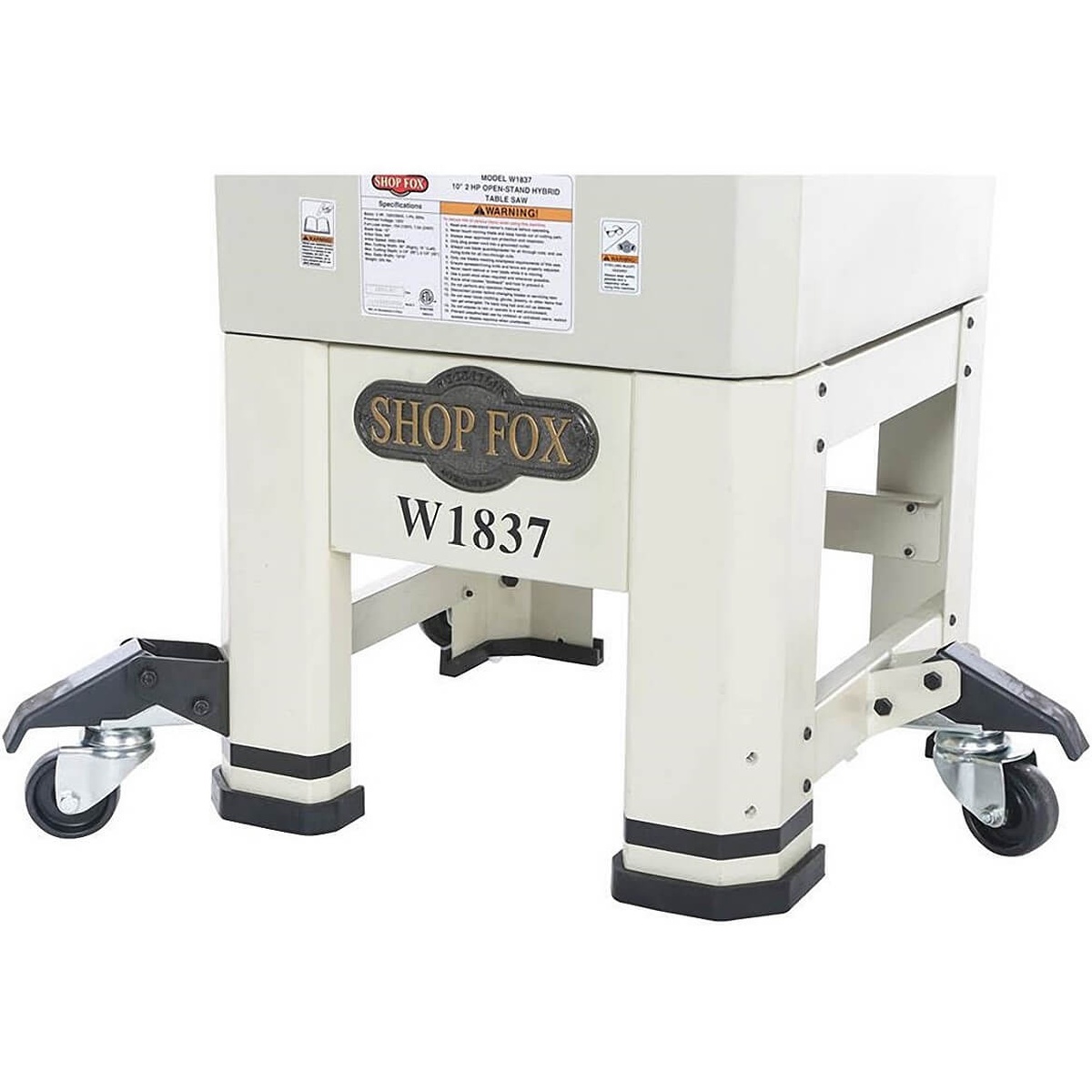 Lower base of the Shop Fox W1837 2 HP 10-Inch Hybrid Open Stand Table Saw showing built-in mobile base and casters for moving the saw around a workshop floor