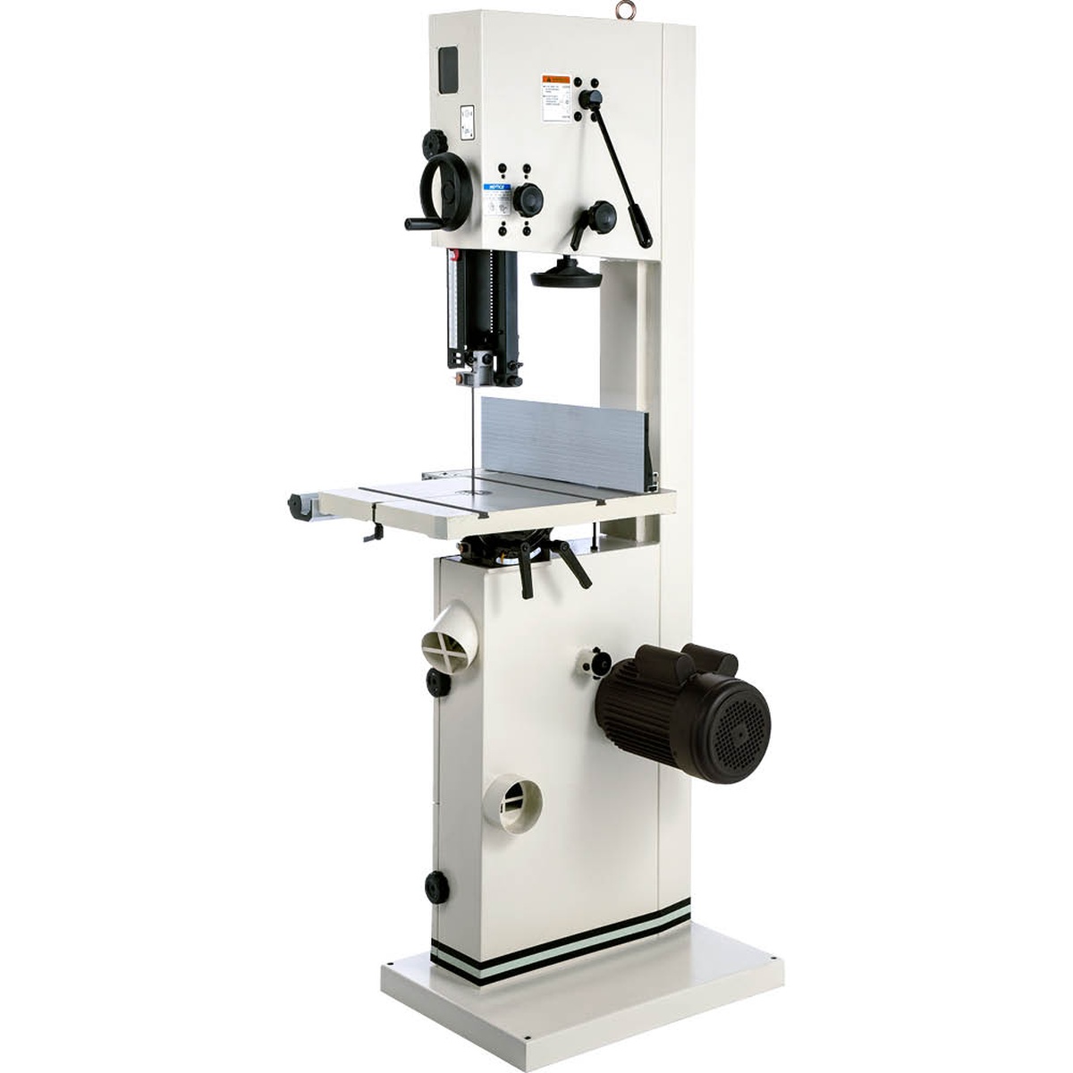 Shop Fox W1849 14-Inch Resaw Bandsaw rear and side view showing motor, cabinet, and dual 4 inch dust ports for woodworking dust collection