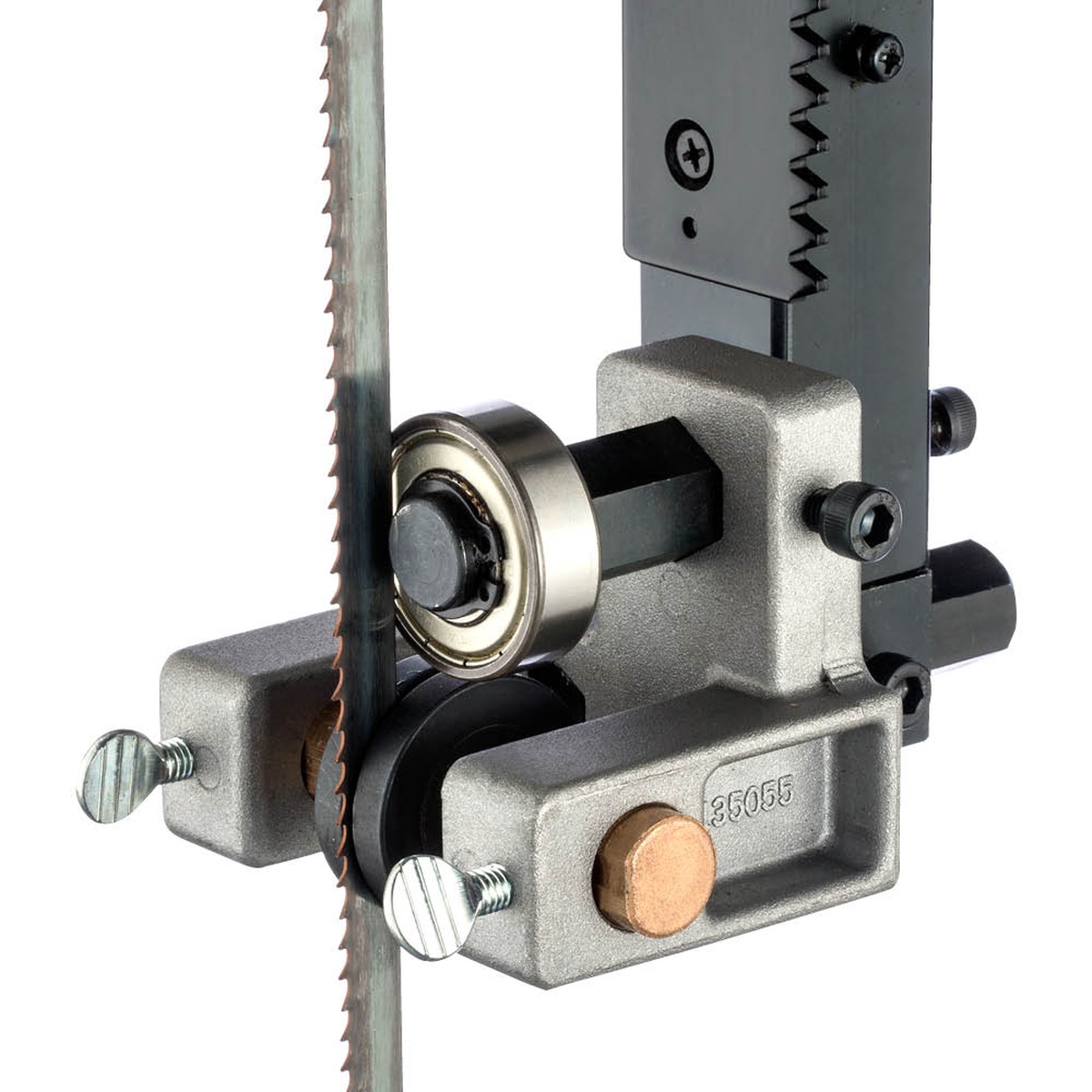 Shop Fox W1849 14-Inch Resaw Bandsaw roller-disc blade guide close-up holding the blade steady during woodworking cuts