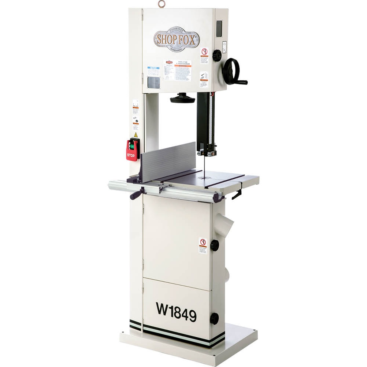 Shop Fox W1849 14-Inch Resaw Bandsaw full front view in a woodworking shop setup showing the fence, cast iron table, and tall frame for resawing lumber