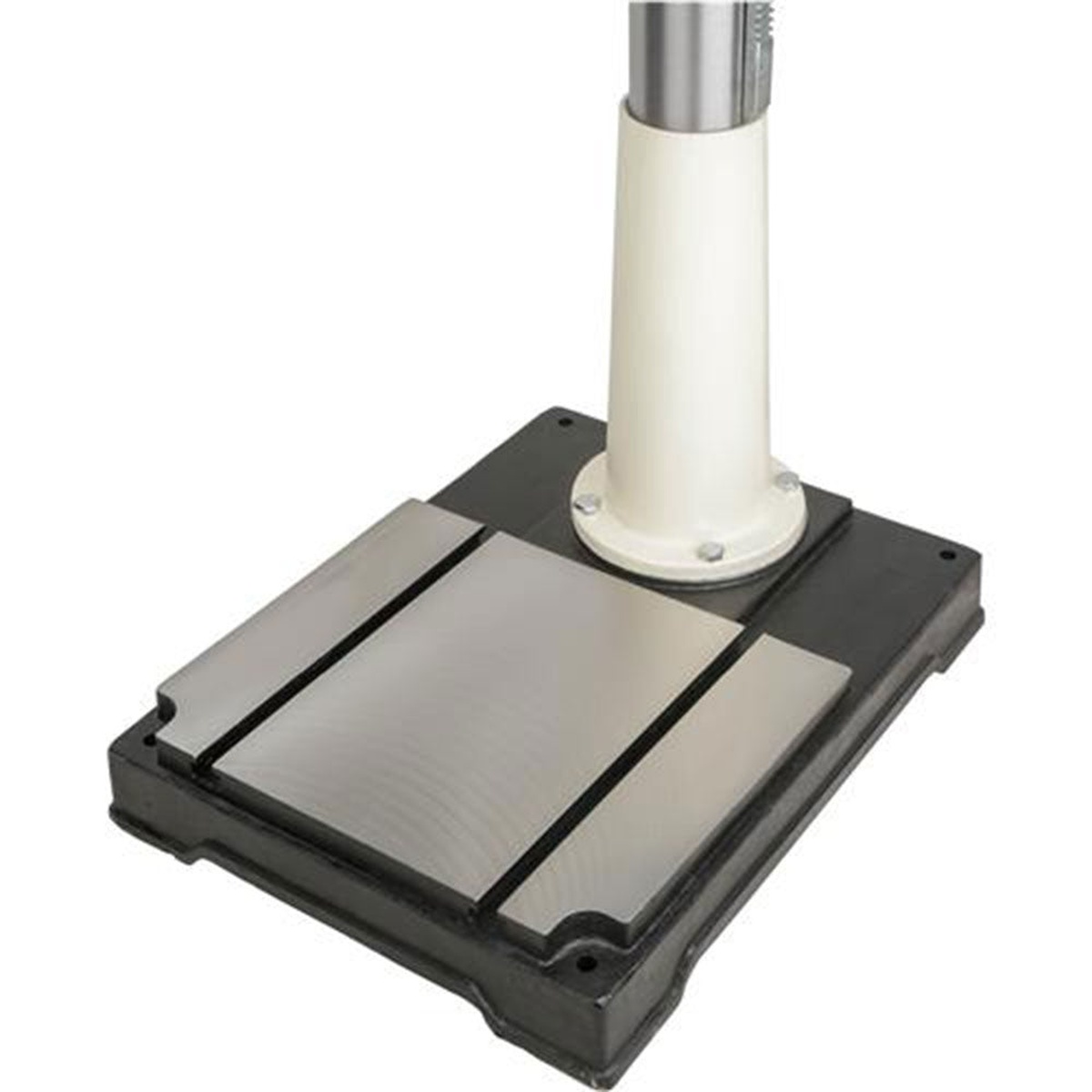 Shop Fox M1039 20 inch Professional Grade Floor Drill Press cast iron base and column mounted on the shop floor for stable stationary drilling
