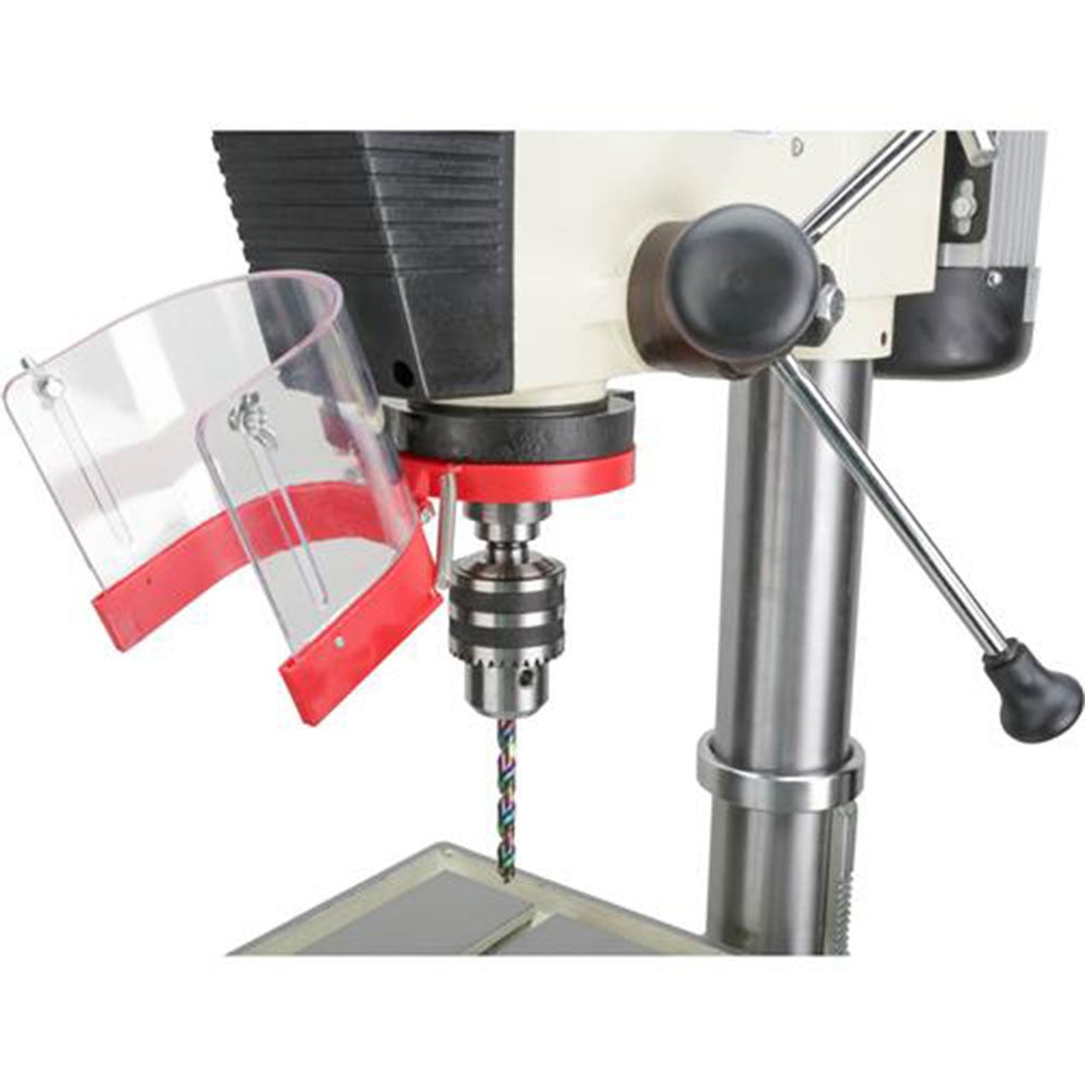 Shop Fox M1039 20 inch Professional Grade Floor Drill Press with the clear chuck guard opened to access the keyed chuck above the drill table