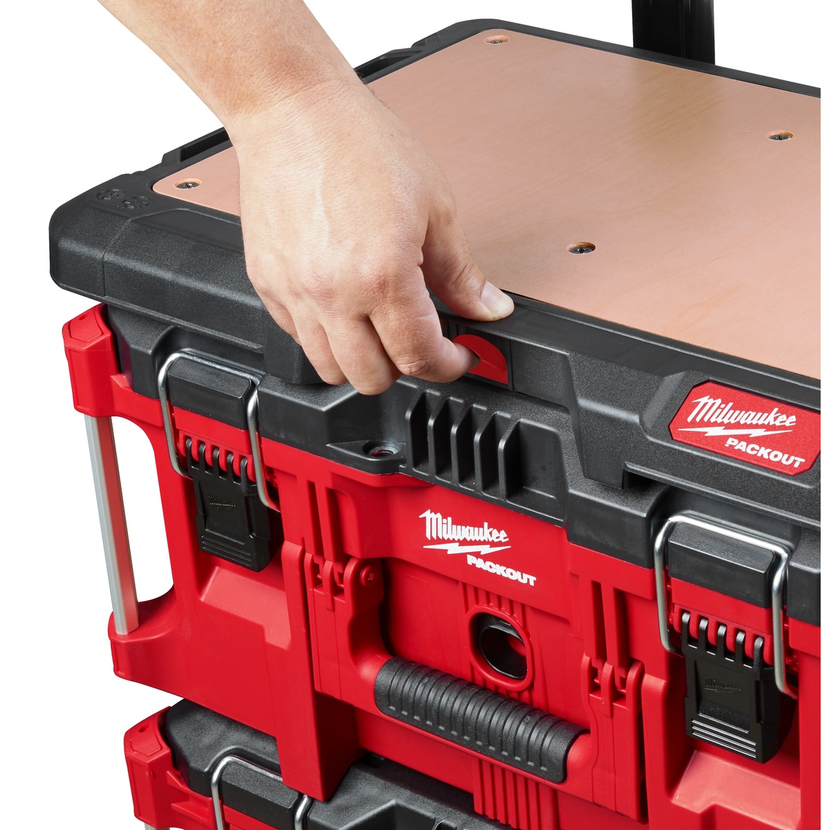 Milwaukee 48-22-8488 PACKOUT Customizable Work Top locked onto a PACKOUT box with a close view of the fastener-ready wood surface and mounting points