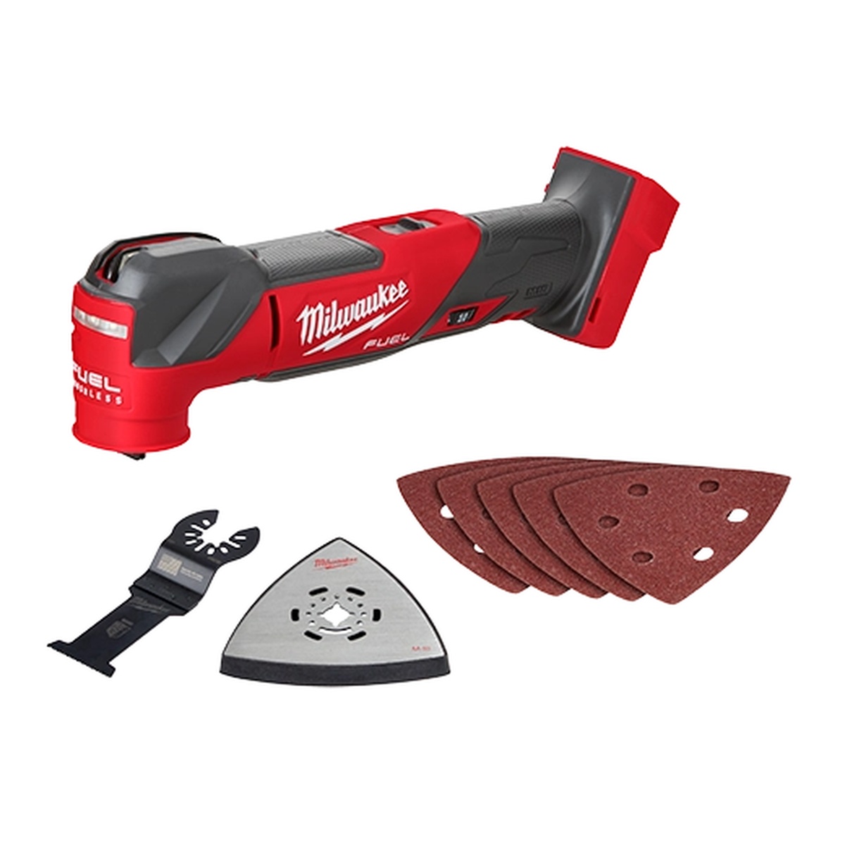 Milwaukee M18 FUEL Oscillating Multi-Tool 2836-20 with included blade, sanding pad, and sanding sheets for cutting and sanding in tight spaces
