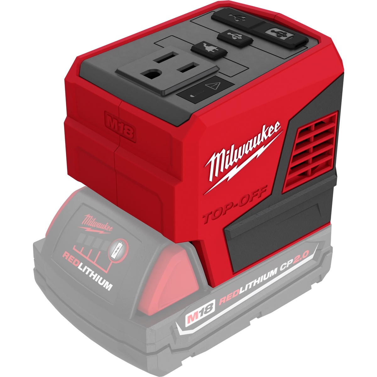 Milwaukee M18 TOP-OFF 175W Power Supply close-up showing the 120V AC outlet, USB-C port, and USB-A port on the top panel