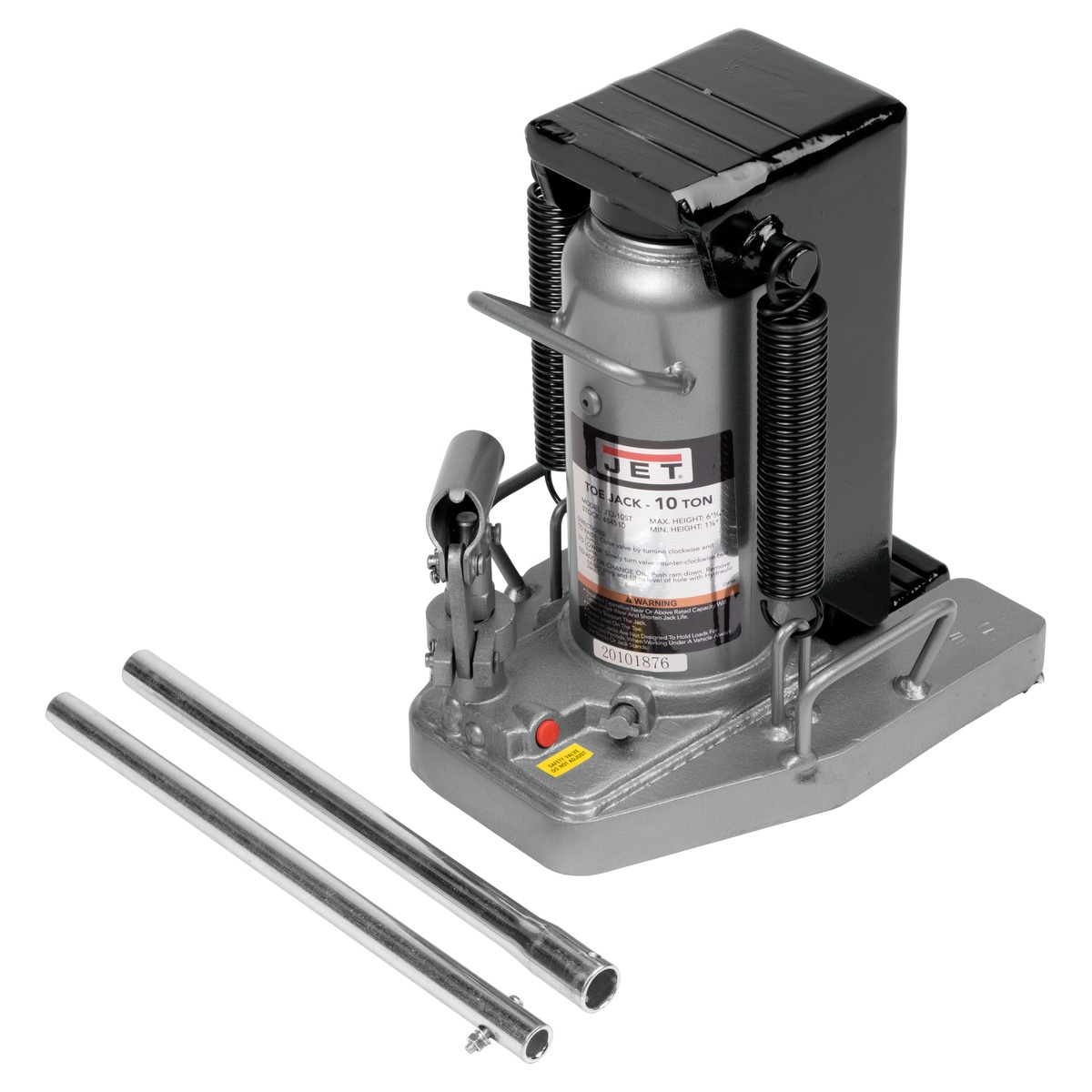 Jet Tools JTJ-10ST 10 Ton Hydraulic Toe Jack shown with pump handle sections on a clean background, highlighting the low-profile toe lifting setup used for machinery installation and heavy equipment positioning