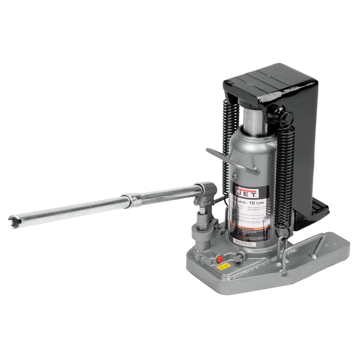 Jet Tools JTJ-10ST 10 Ton Hydraulic Toe Jack with handle installed, showing the hydraulic cylinder, swivel socket, and lifting head used for controlled lifting around machinery and plant equipment