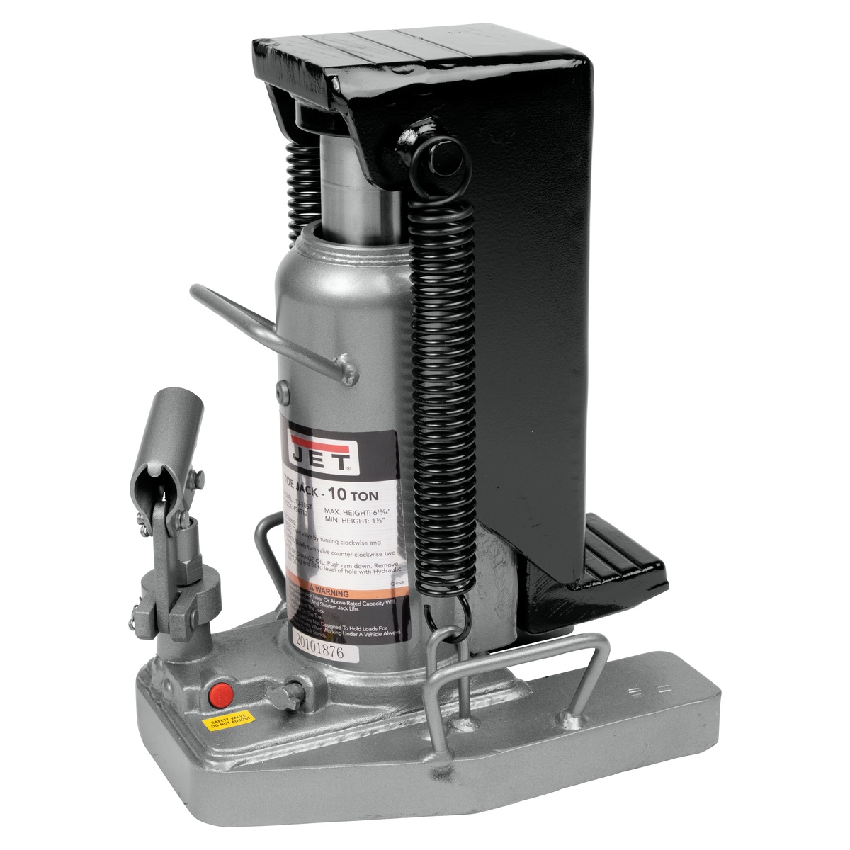 Jet Tools JTJ-10ST 10 Ton Hydraulic Toe Jack close view of the extended ram, toe, and head sections, showing the dual-purpose lifting design for low and high clearance industrial work
