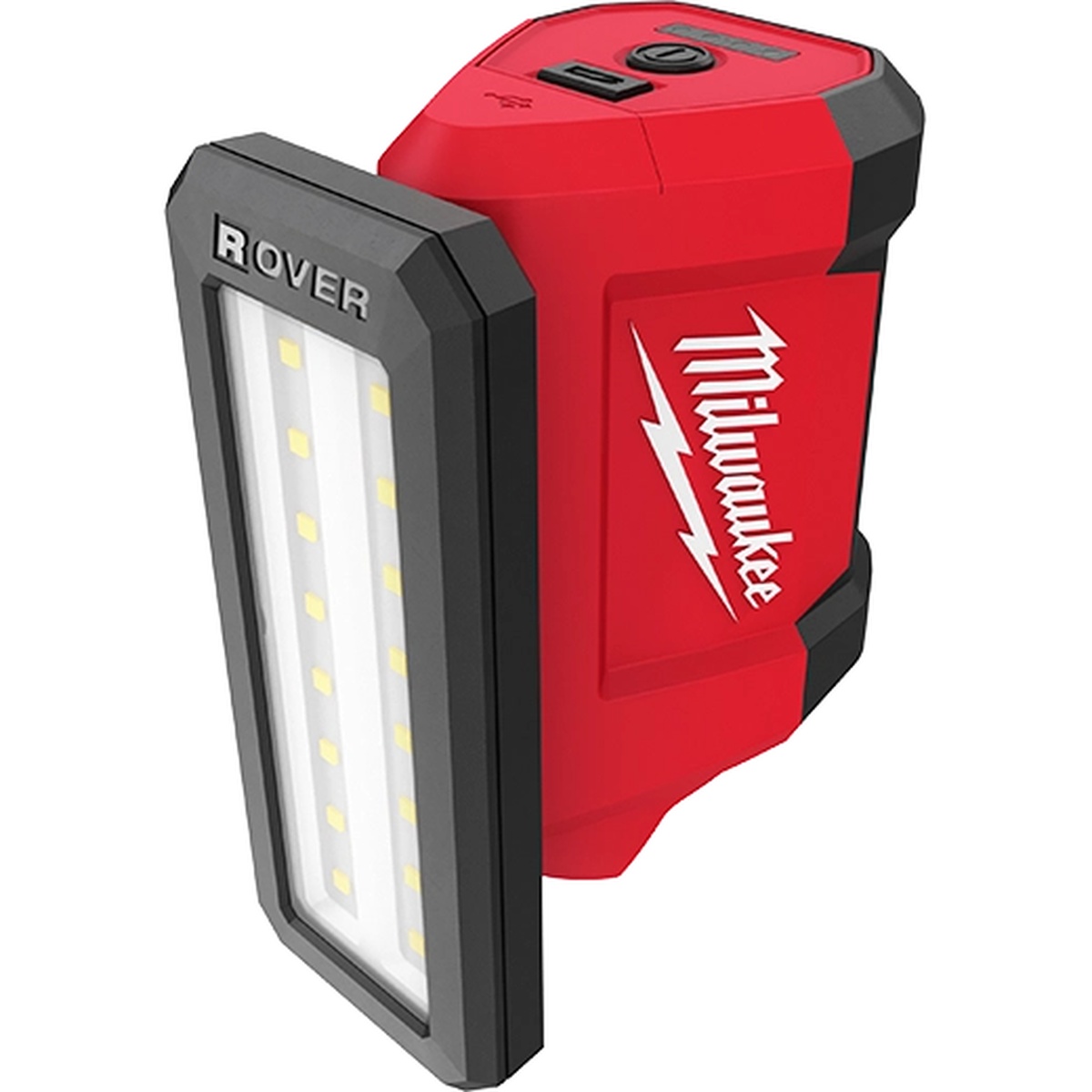 Milwaukee 2367-20 M12 ROVER Service and Repair Flood Light showing the pivoting head and USB charging port on the top of the housing