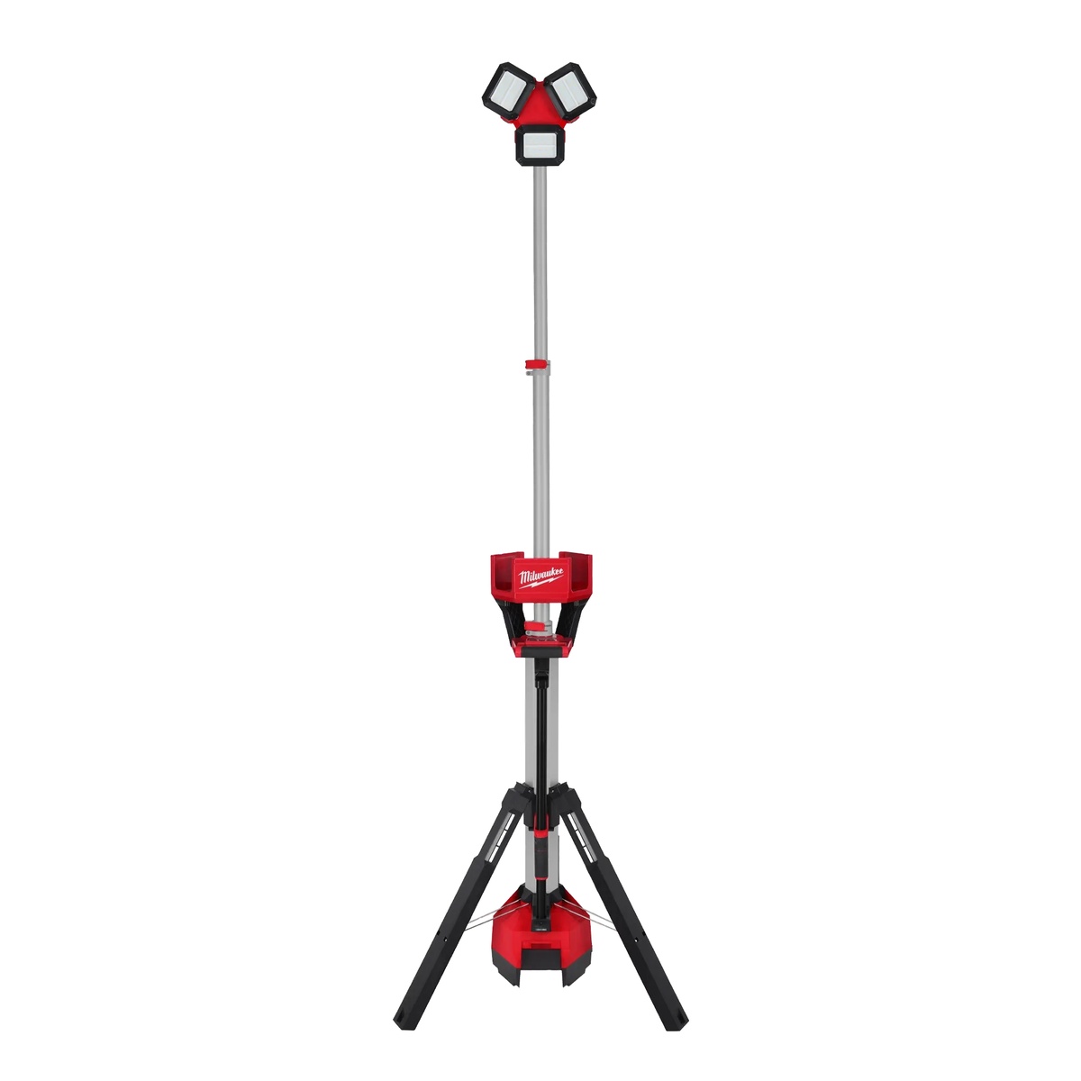 Milwaukee 2136-20 M18 ROCKET Tower Light/Charger extended on tripod stand showing the three pivoting light heads