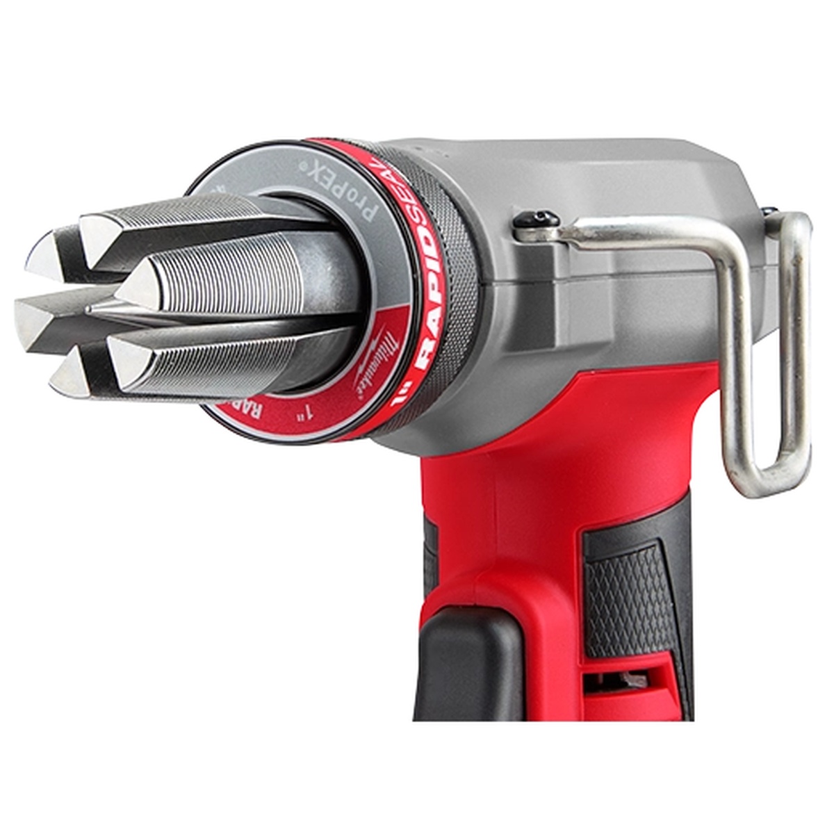 Milwaukee M12 FUEL ProPEX Expander head close-up showing RAPID SEAL head and expansion jaws for PEX connection work