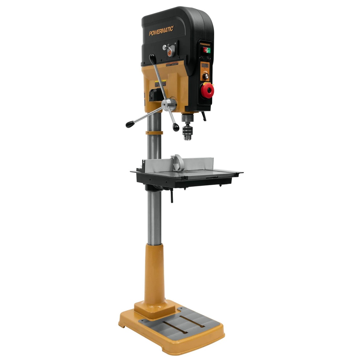 Powermatic PM2820EVS Drill Press full product view showing the 20-inch floor drill press, cast table, fence, and reversible handles