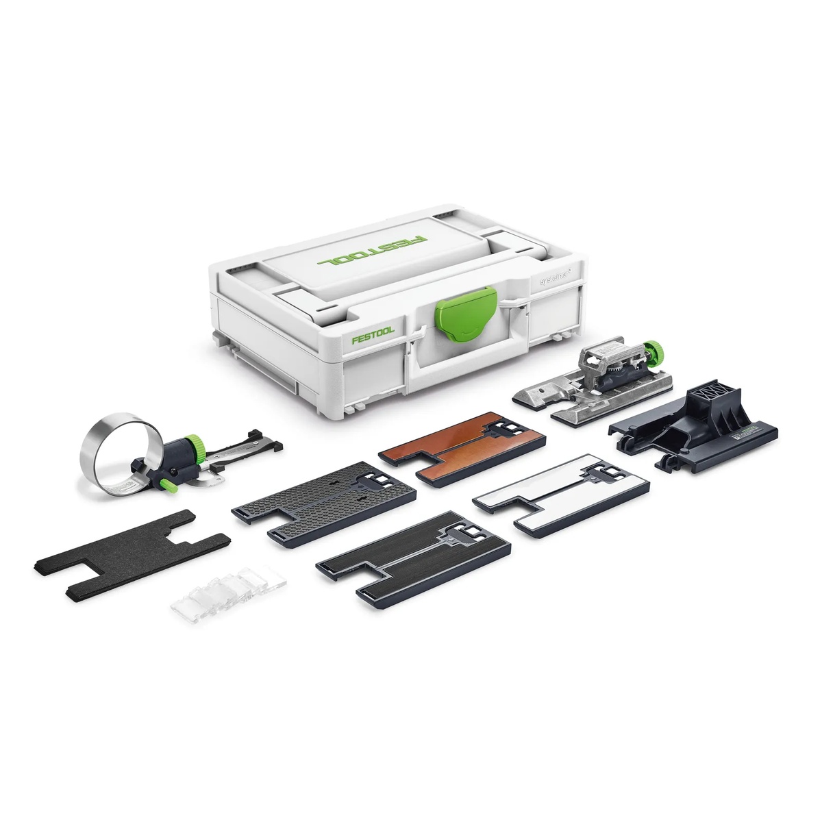 Festool 576790 CARVEX Accessory Kit with Systainer3 showing jigsaw bases, inserts, circle cutter, and accessories laid out for setup on a workbench