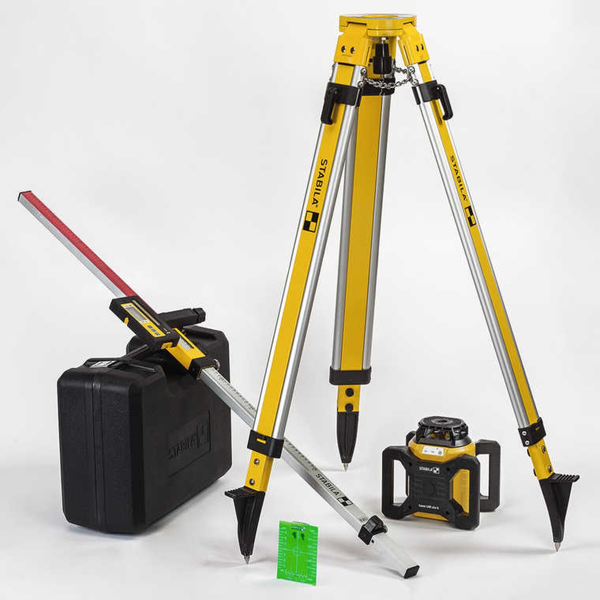 Stabila 04500TR LAR 160 G Rotation Laser Set With Tripod and Grade Rod kit layout showing rotary laser, tripod, grade rod, receiver, target plate, and hard case