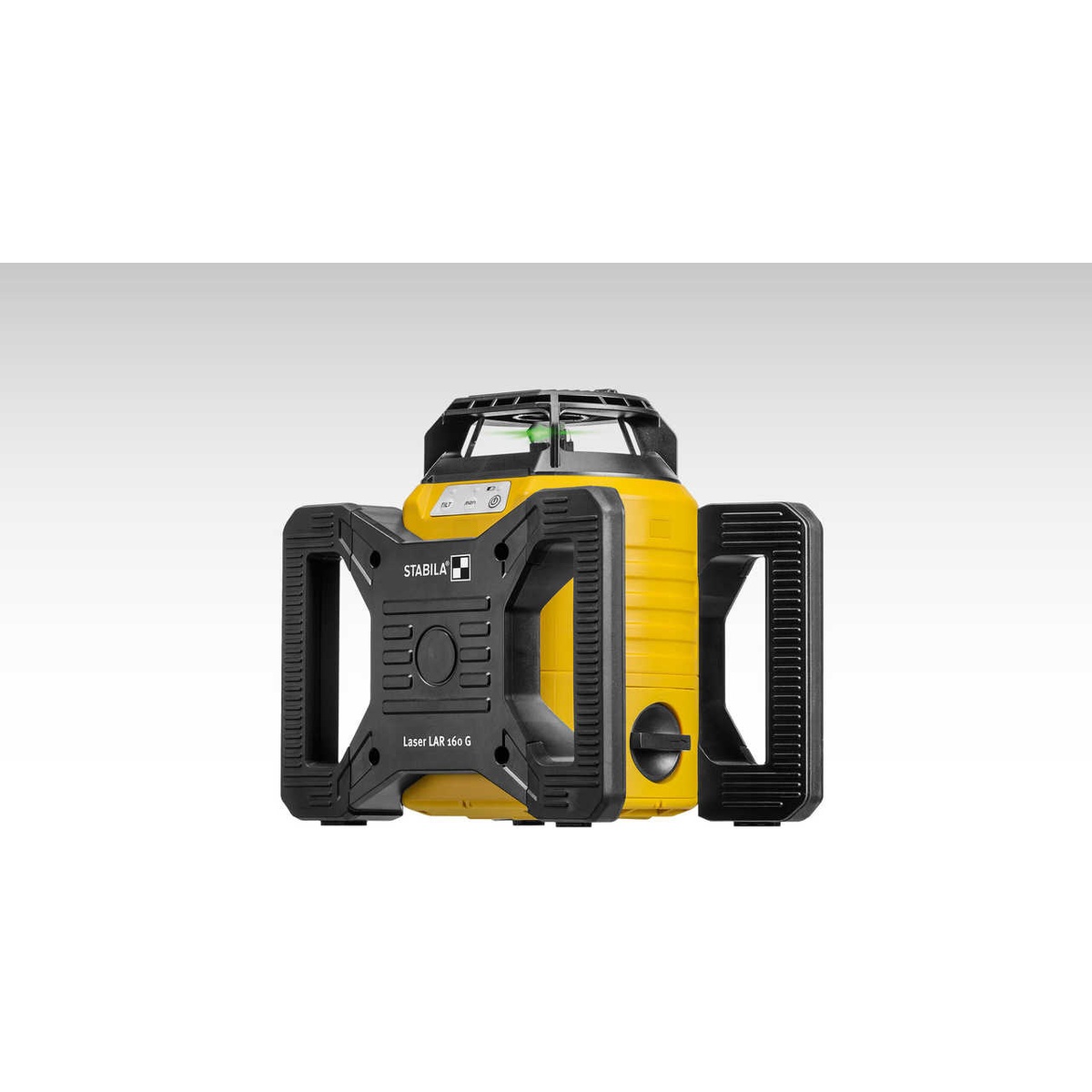 Stabila 04500TR LAR 160 G Rotation Laser Set With Tripod and Grade Rod showing three-button controls for on off tilt mode and manual mode