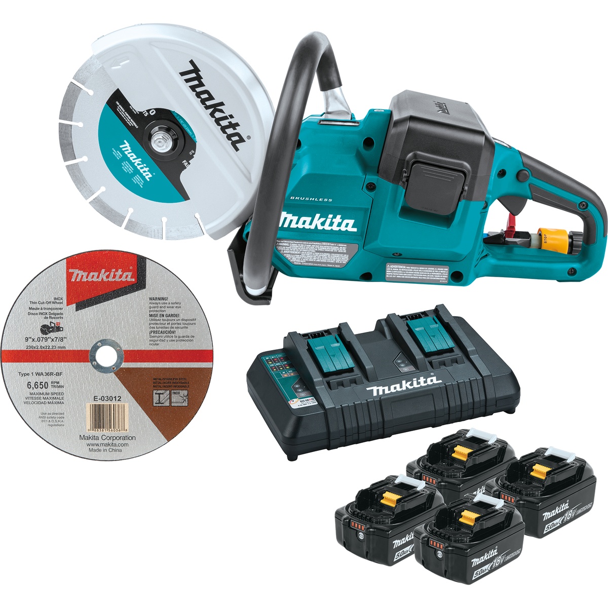 Makita XEC01PT1 power cutter kit with cordless cut-off saw, charger, batteries, and cutting wheels for masonry and metal jobsite work
