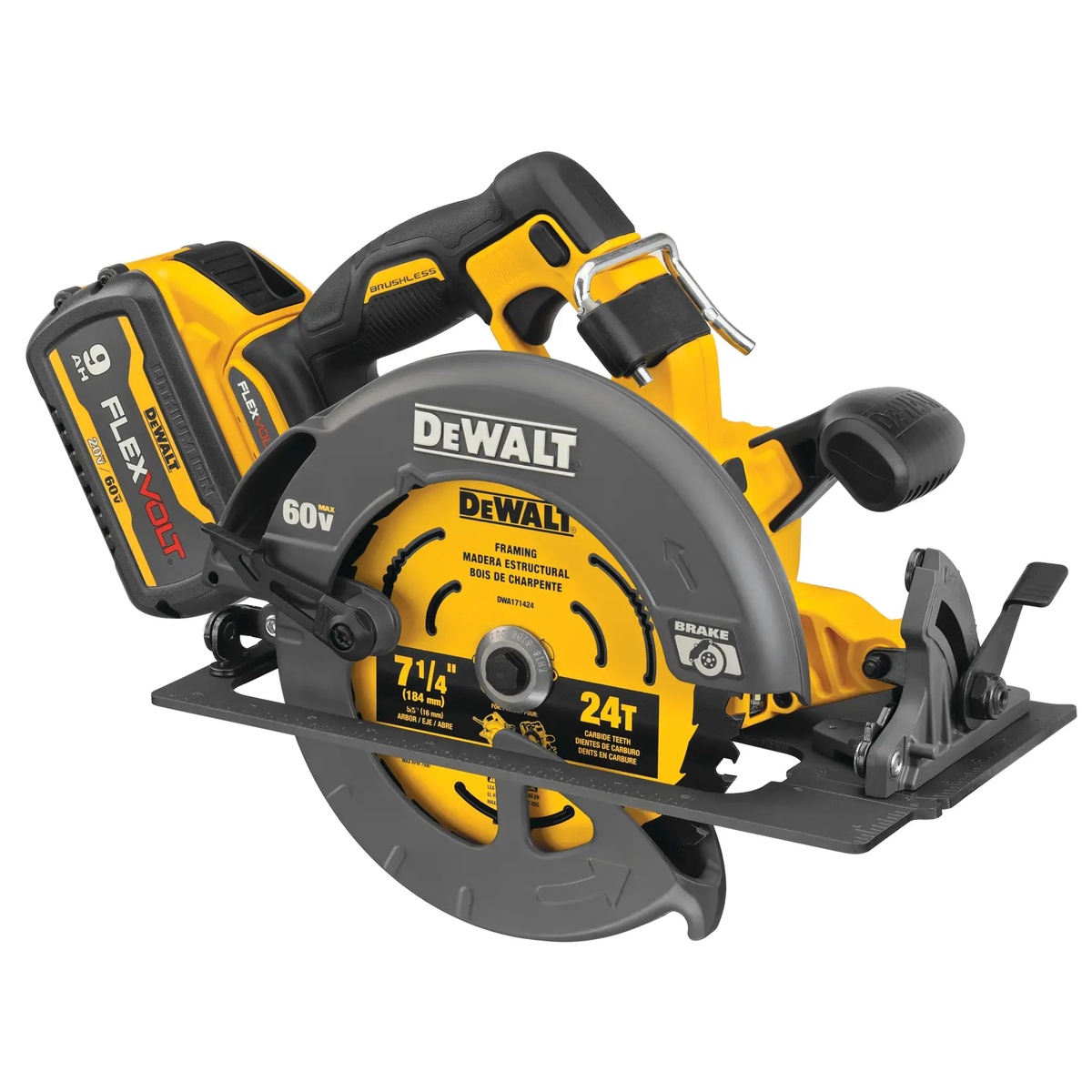 DEWALT 60V MAX Brushless Cordless 7-1/4 in. Circular Saw with Electronic Brake Kit product view showing magnesium shoe, battery connection, and rafter hook for framing and carpentry work