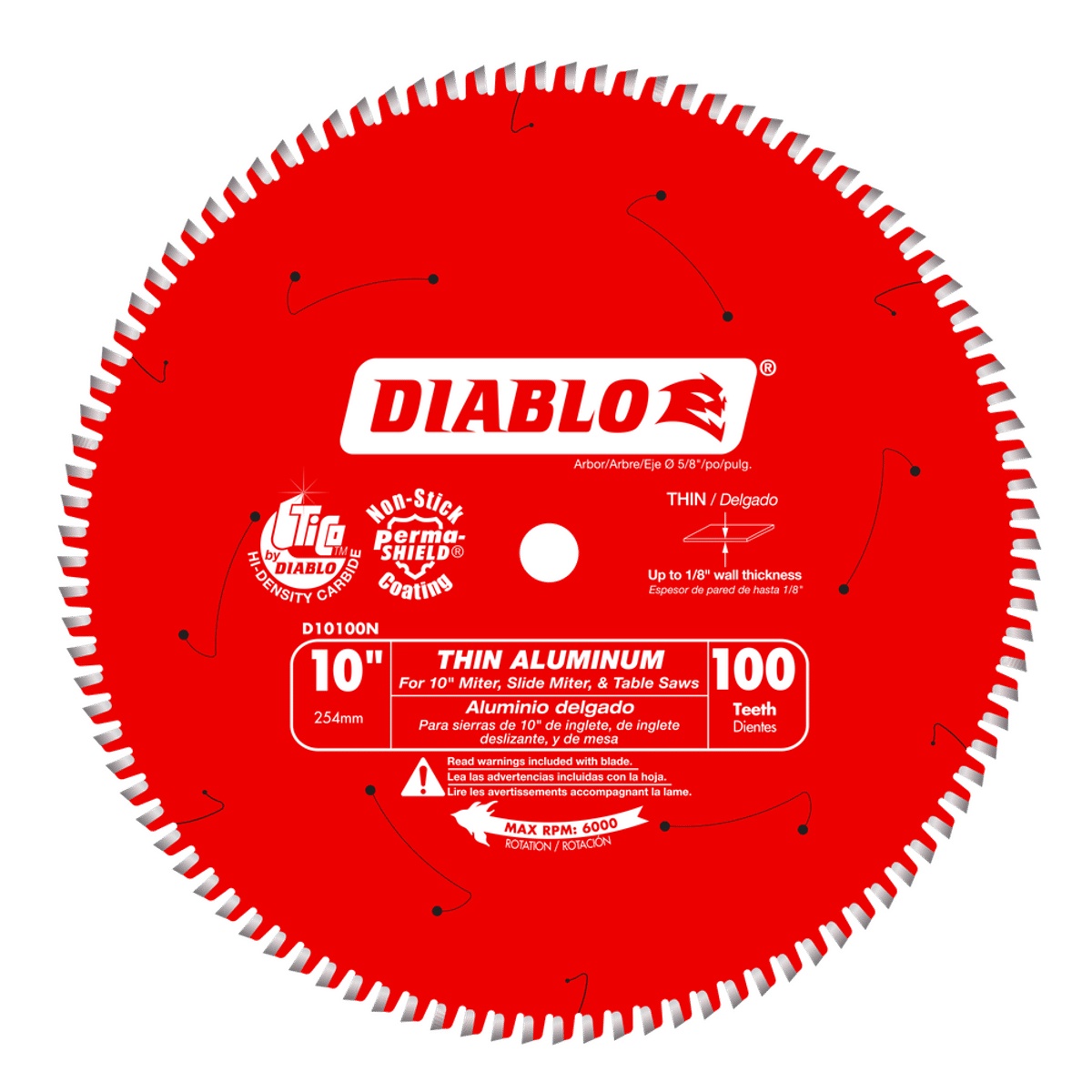 Diablo D10100N 10 inch 100-tooth thin aluminum cutting saw blade shown for cutting thin aluminum up to 1/8 inch on a 10 inch miter saw or table saw