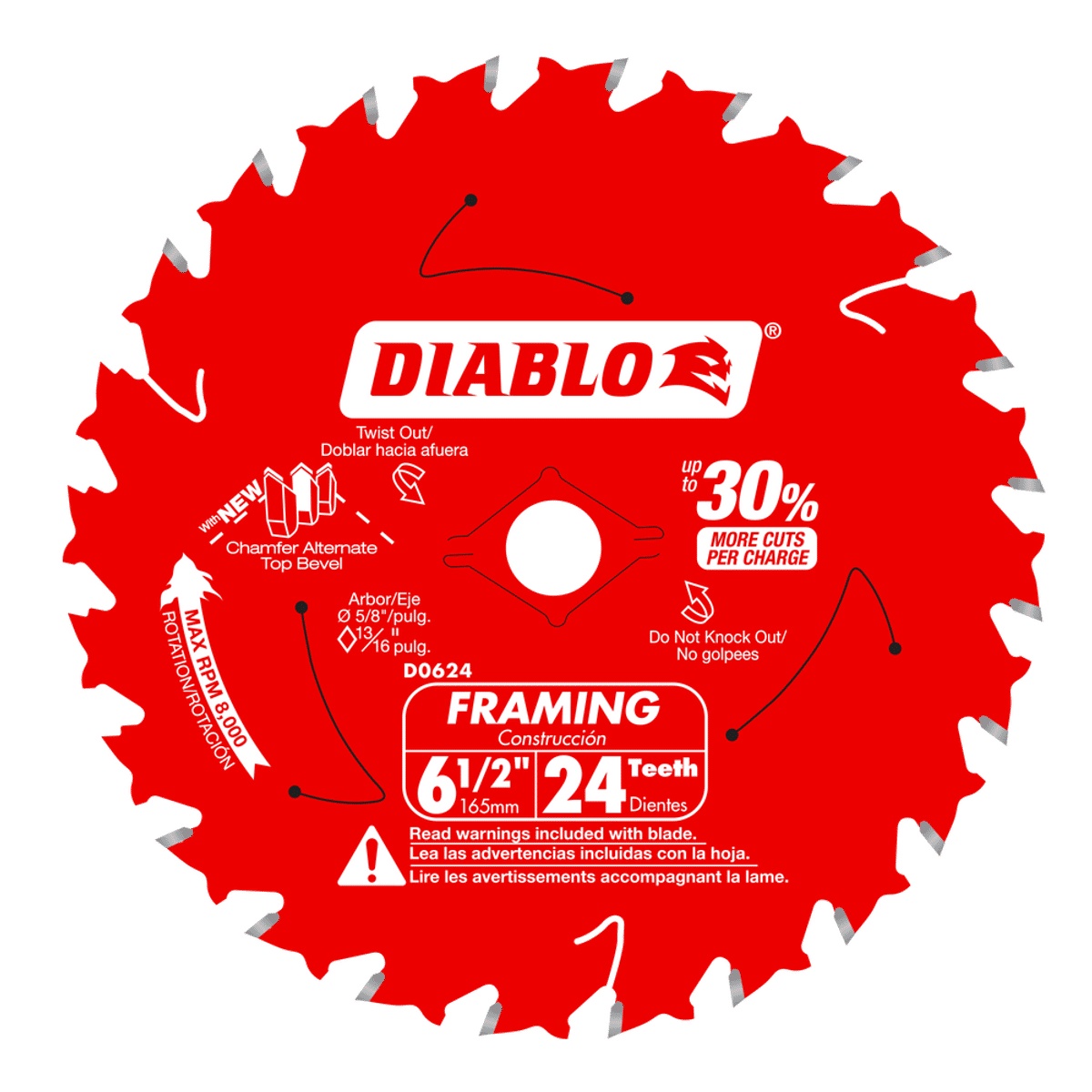 Diablo D0624A 6-1/2 in. x 24-Tooth Framing Saw Blade close-up showing tooth geometry and blade label for wood framing cuts