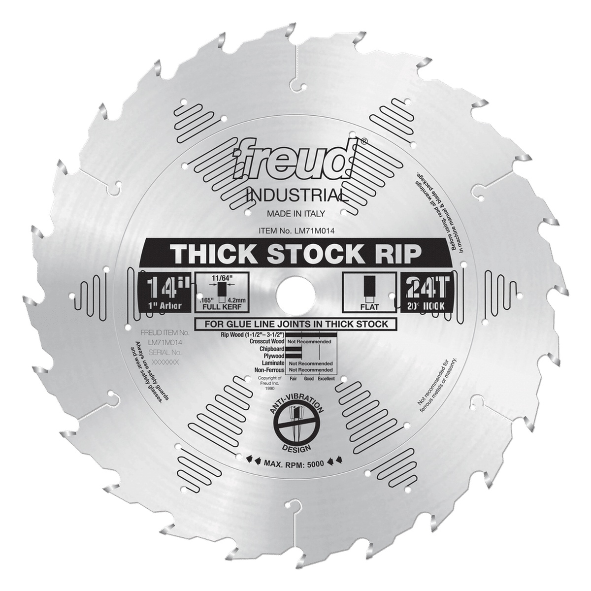 Freud LM71M014 14 in. Thick Stock Rip Blade product view showing the 24 tooth flat grind blade for table saw ripping in thick hardwood and softwood stock