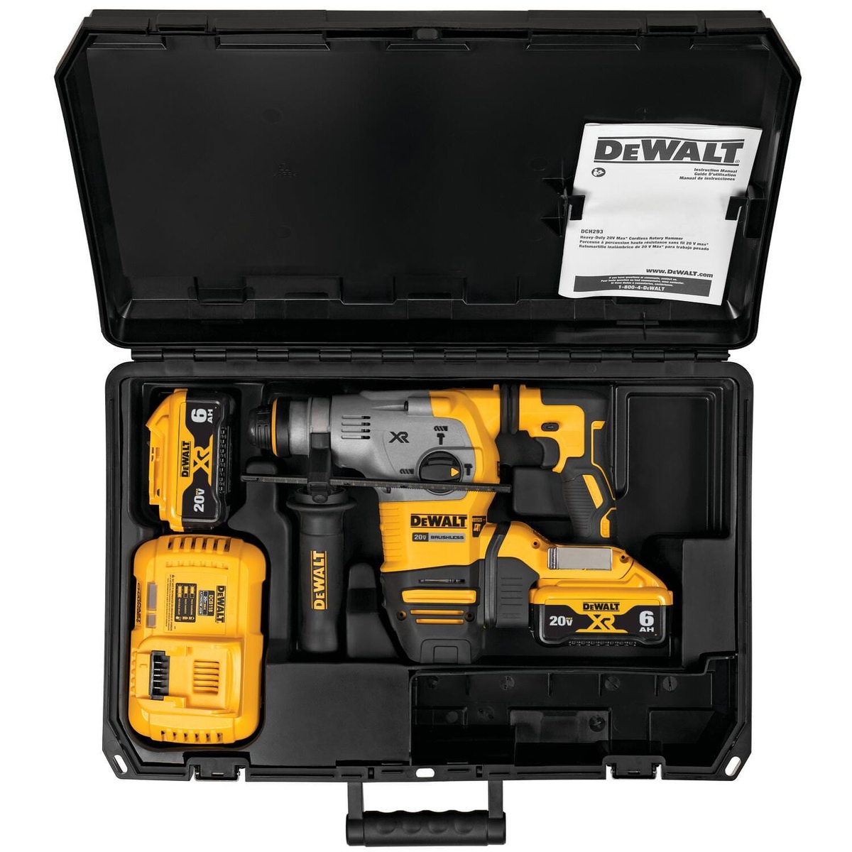 DeWALT DCH293R2 20V MAX 1-1/8 in. XR Brushless Cordless SDS PLUS L-Shape Rotary Hammer kit packed in hard case with charger, batteries, side handle, and manual for transport between concrete drilling jobs