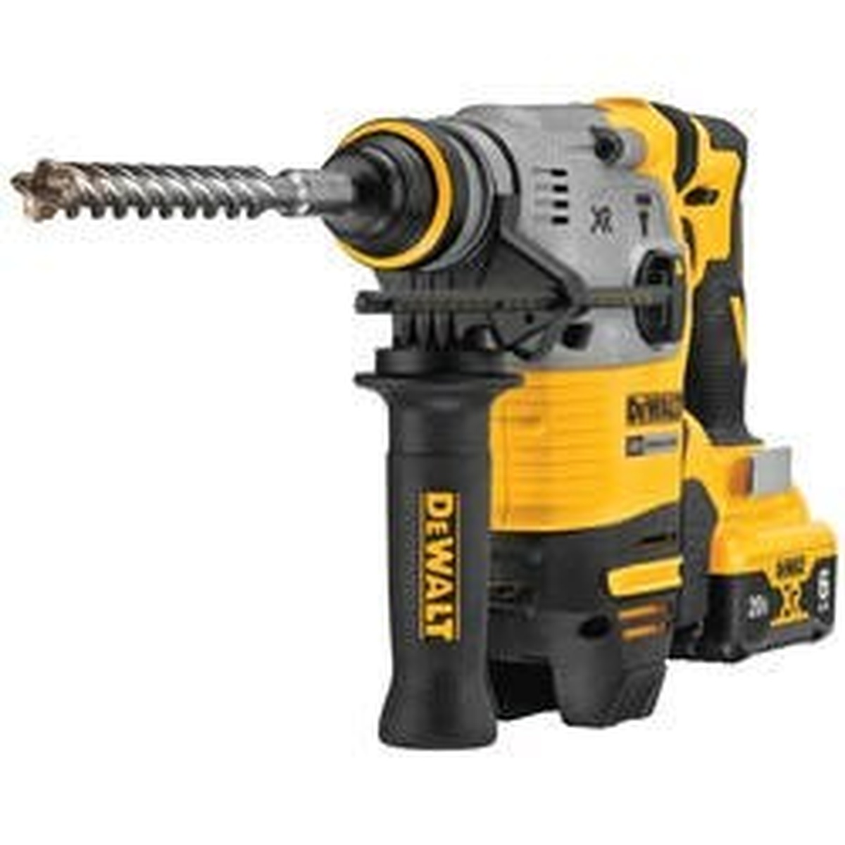 DeWALT DCH293R2 20V MAX 1-1/8 in. XR Brushless Cordless SDS PLUS L-Shape Rotary Hammer with installed SDS Plus bit for masonry drilling and anchoring work