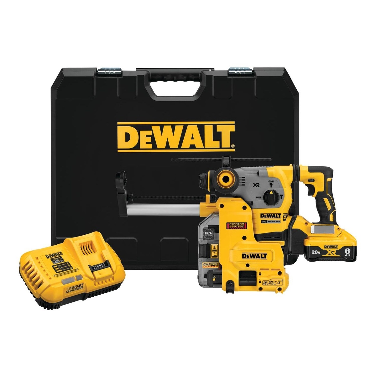 DeWALT DCH293R2 20V MAX 1-1/8 in. XR Brushless Cordless SDS PLUS L-Shape Rotary Hammer 6.0Ah Kit shown with hard case, charger, battery, and on-board dust extractor setup for concrete drilling on a commercial jobsite
