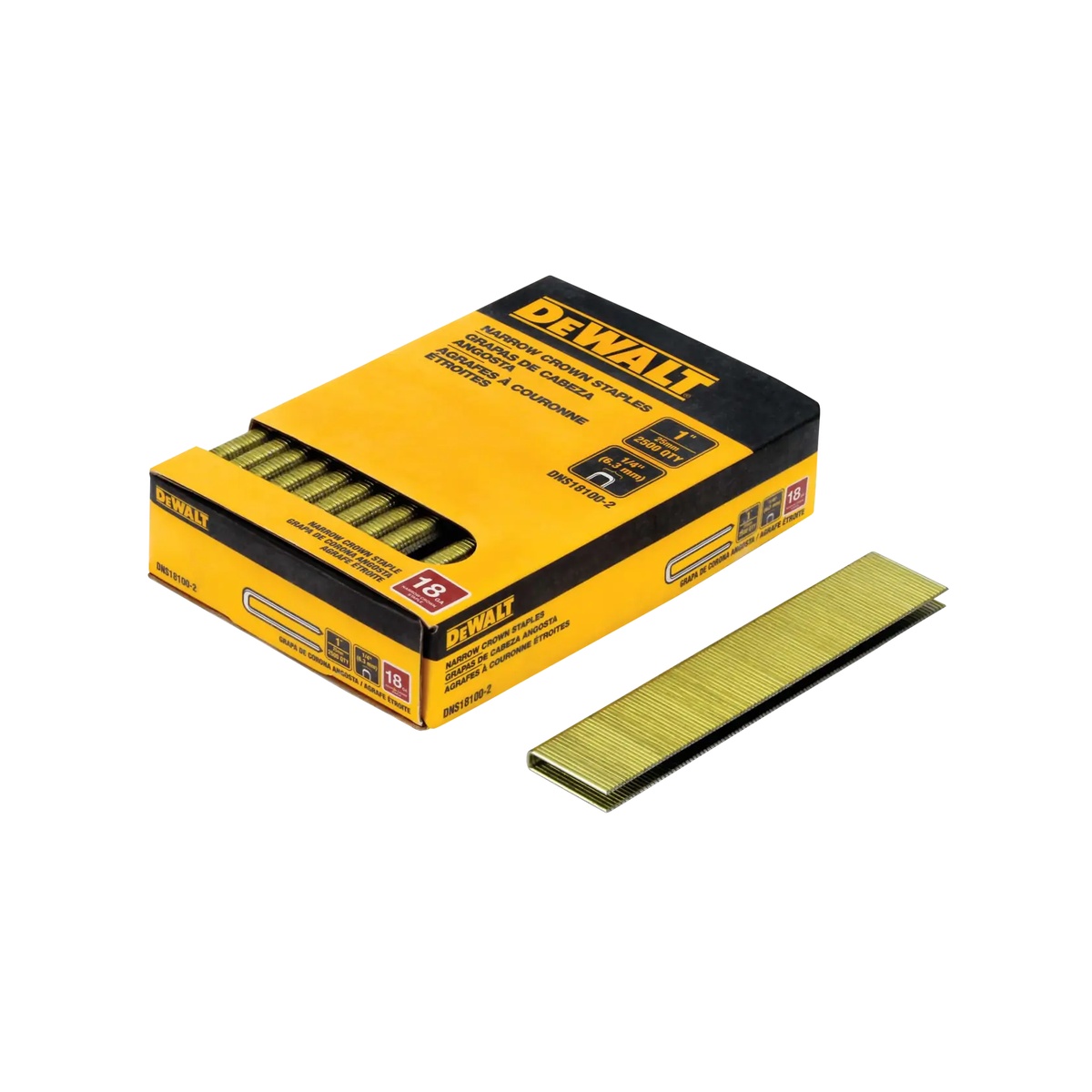 DeWALT DNS18100-2 18 Gauge 1/4-Inch Crown 1-Inch Staples 2,500-Pack shown in box with staple strip for interior trim, cabinetry, and paneling fastening work