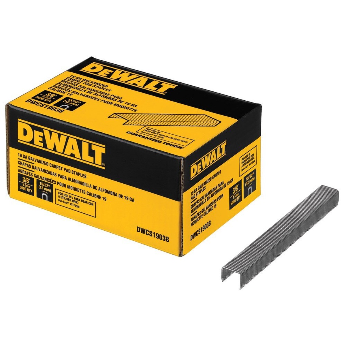 DeWalt DWCS19038 19 Gauge Carpet Pad Staples box and collated staple strip shown on a clean background for flooring and carpet underlayment fastening